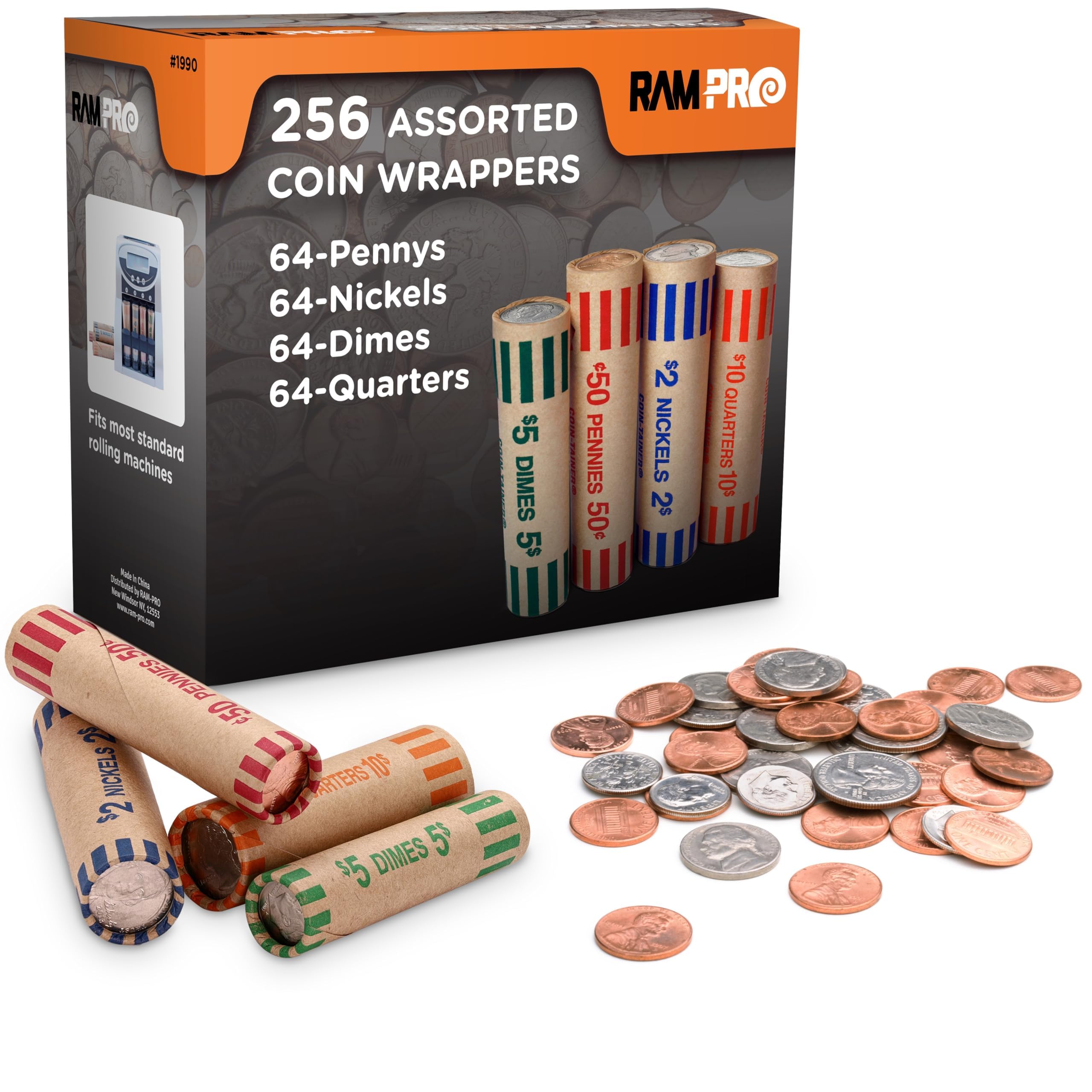 Coin Wrappers 256 PCS Assorted Preformed Coin Rolls Wrappers for Quarters, Pennies, Nickels & Dimes, Convenient Storage Paper Coin Tubes, Coin Wrappers for All Coins for Bank & Office