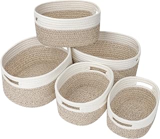 Ezvsevuo Juego de 5 Cestas Almacenaje Tejida de Algodón, Cestas Almacenaje Bebe, Cestas Organizador para Dormitorio, Baño, Salones, Cocina, Juguetes, Ropa - Desierto & Blanco