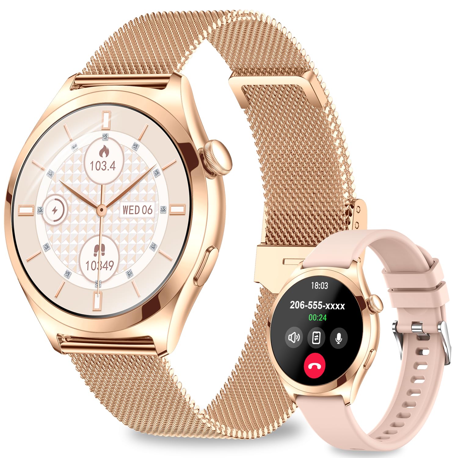 Women's Smart Watch, 1.27 Inch Smartwatch Woman with Calls 5.3, Female Function, 120+ Sports Modes, Heart Rate Monitor, SpO2, Blood Pressure, Arterial Sleep, IP68 Waterproof for iOS Android, Rose Gold