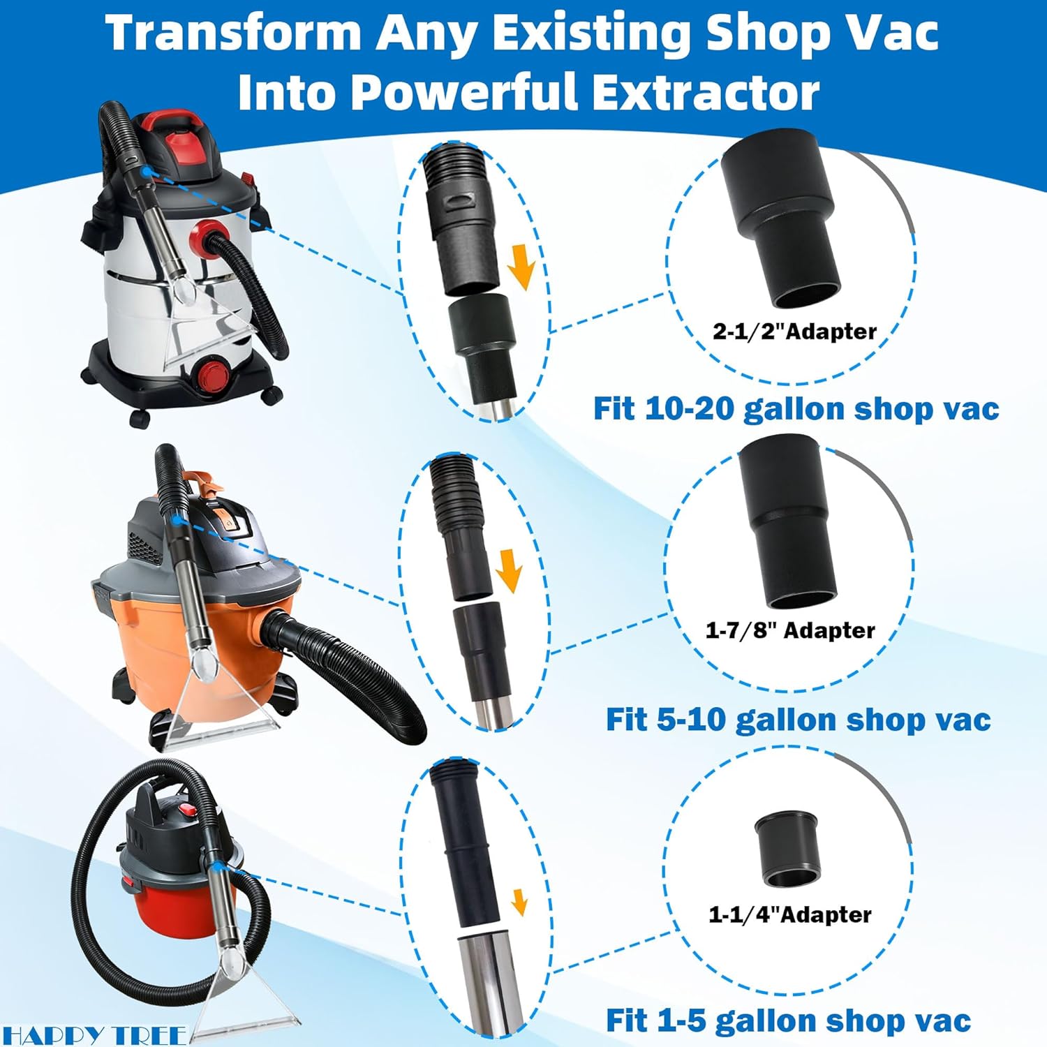 Happy Tree Universal Fit All Shop Vacs with 2-1/2" and 1-7/8" and 1-1/4" Adapters, Large 7-1/2" Extraction Accessory for Upholstery & Carpet Cleaning and Auto Detailing, Shop Vac Extractor Attachment