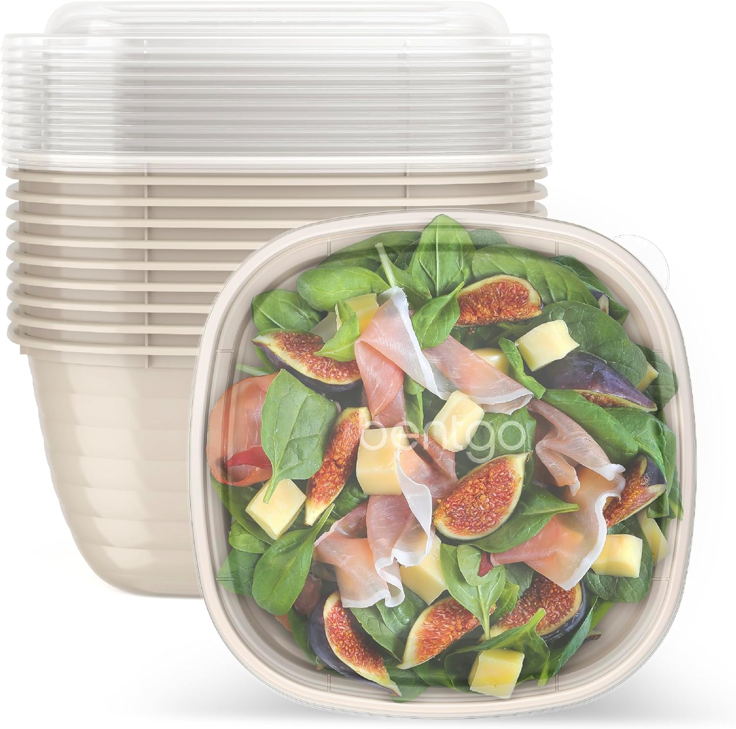 Bentgo Prep – 1-Compartment Bowls with Custom-Fit Lids – Reusable, Microwave Safe, Durable, PFAS & BPA-Free, Freezer & Dishwasher Safe Meal Prep Food Storage – 10 Bowls & 10 Lids (White Stone Tan)