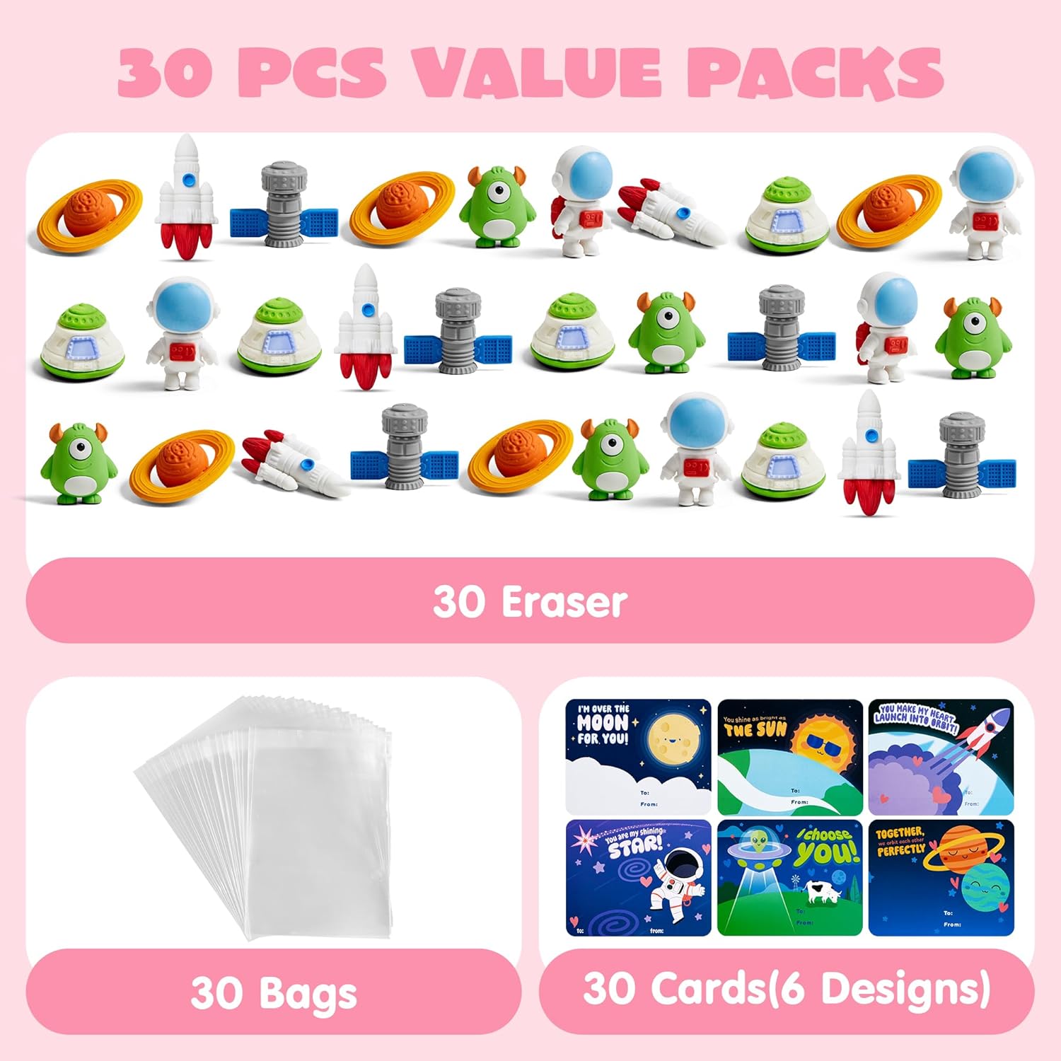 JOYIN 30 PCS Valentines Cards with Space Theme Erasers for Party Favor Gifts, Classroom Exchange Prize, Valentine’s Day Greeting Cards