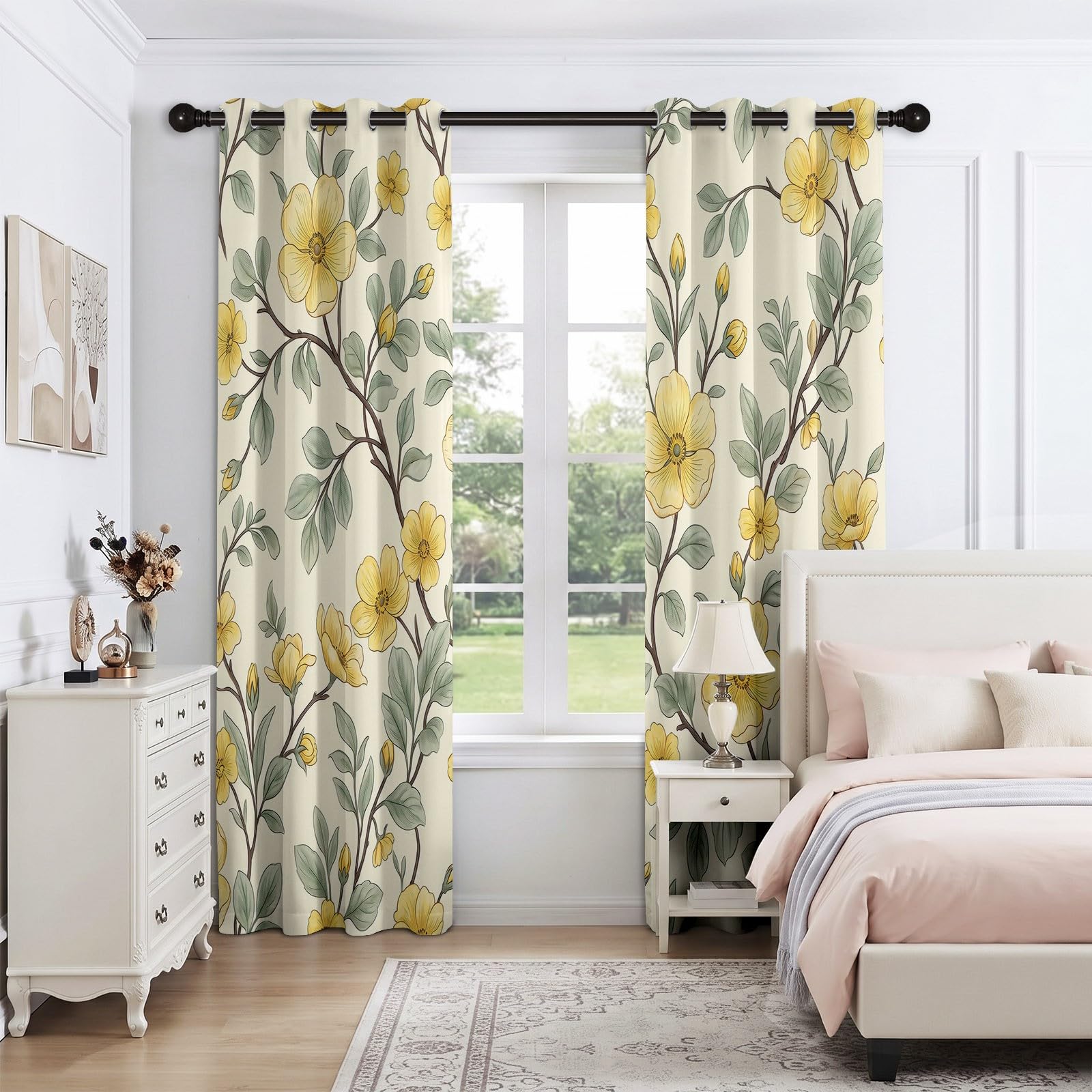 Botaniczne kwiatowe zasłony zaciemniające do sypialni, 2 panele szer. 117 x dł. 137 cm, kwiatowe zielone liście, zasłony zaciemniające do salonu, zasłony z oczkami, izolacja termiczna, dźwiękoszczelne