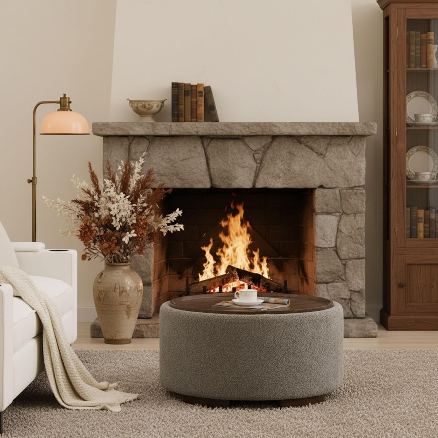 29.5-Inch Round Coffee Table Ottoman with Storage, Multi-Functional Storage Ottoman and Stylish Coffee Table (Teddy Fleece Brown)