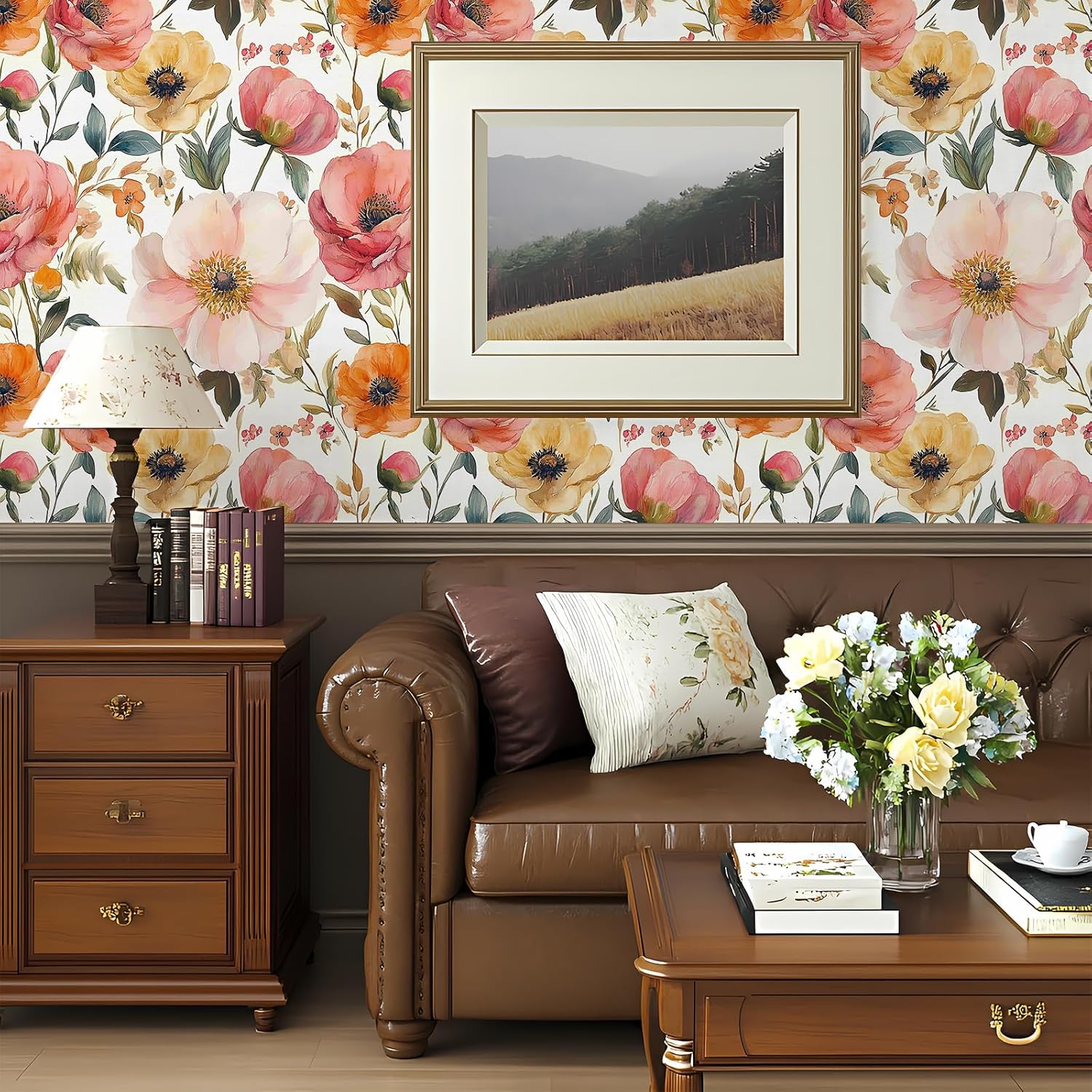 Watercolor Poppy Floral Wallpaper Peel and Stick Removable 17.7" x 236.22" Romantic Vintage Botanical Wall Paper Self Adhesive for Classroom Bedroom Laundry Room Bathroom