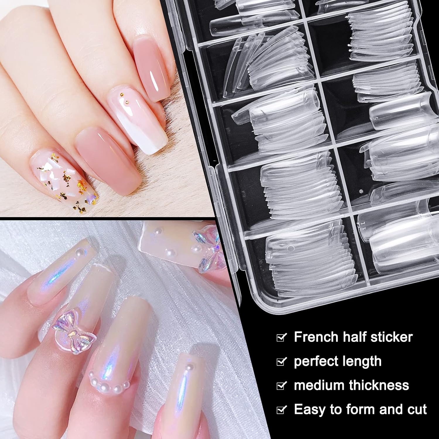 krofaue 100PCS Clear False Nails Tips, Half Cover Lady French Style Acrylic Artificial Tip Manicure with Box of 10 Sizes for Nail Tips Art Salons and Home DIY