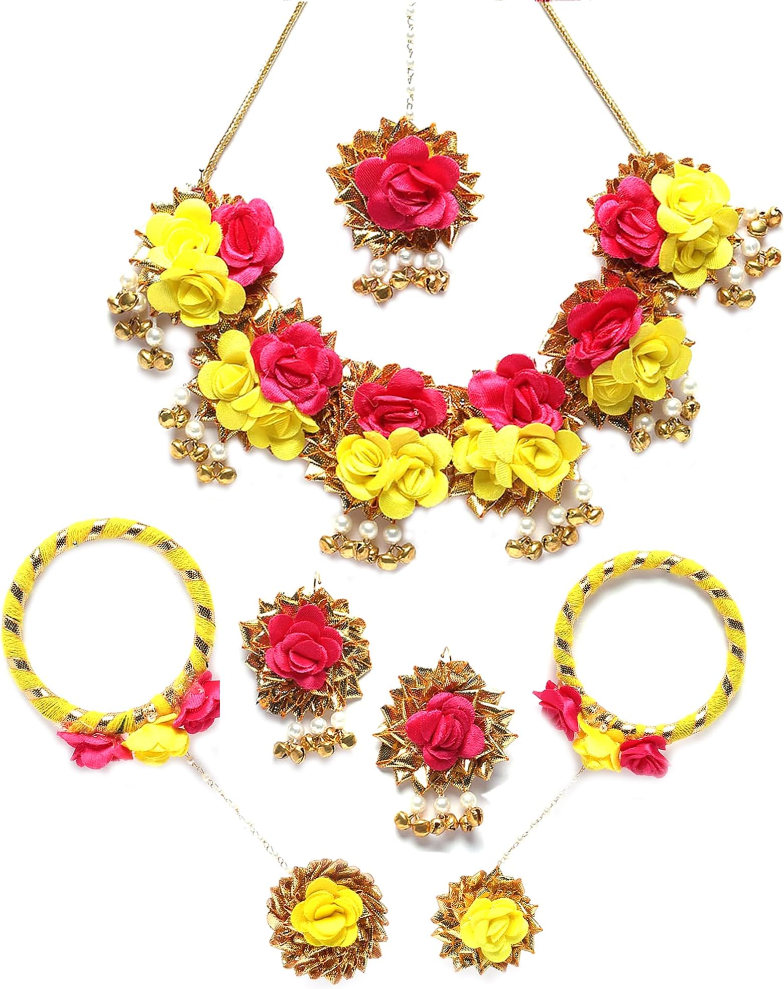 Handmade Floral Jewellery Set for Women & Girls | Handcrafted Flower with Gungroo & Pearls Necklace Set with Earrings, Maang Tikka & Pair of Hathphool | Mehendi, Haldi, Wedding & Bridal Jewallery