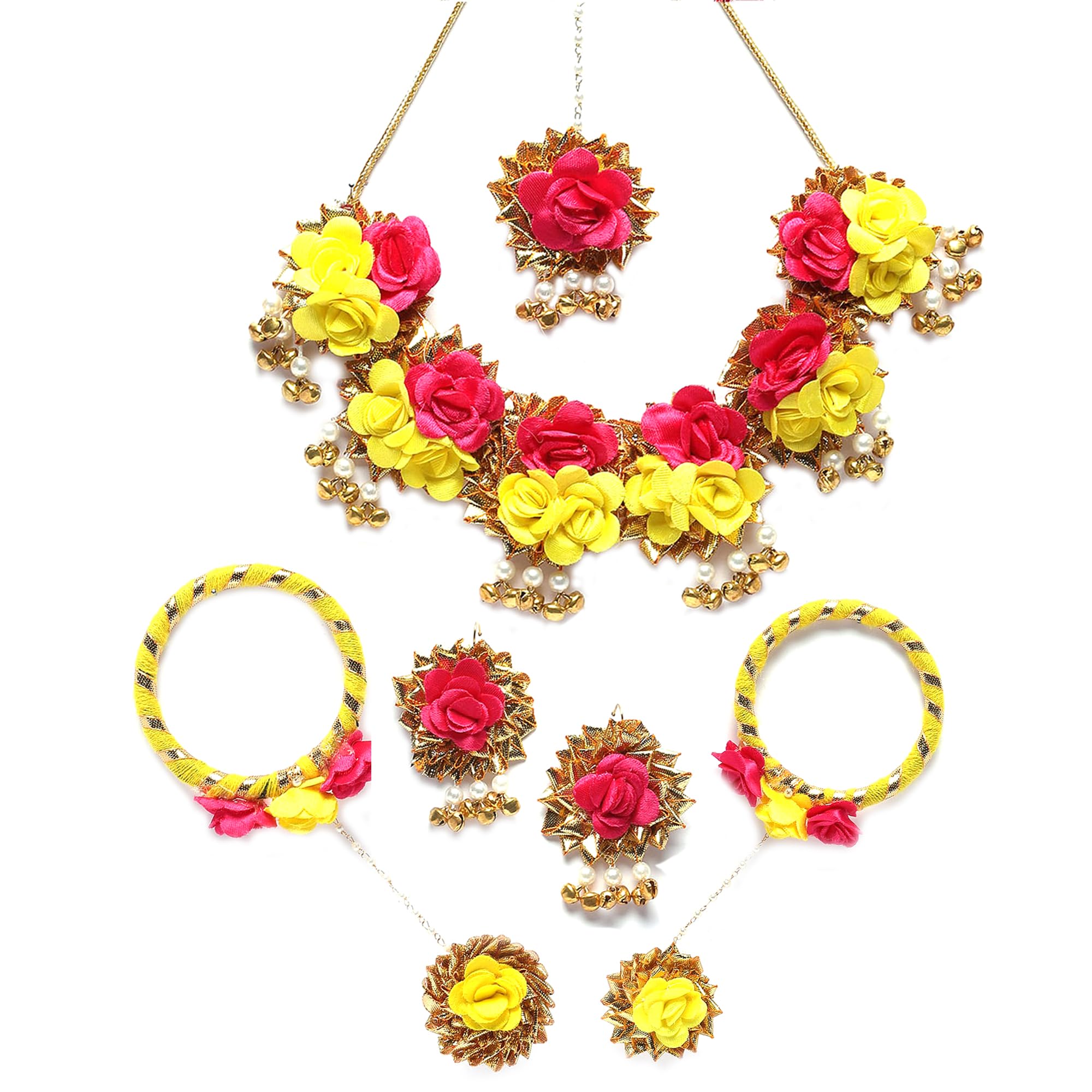 ZENEMEWhite & Gold Pearl Tasselled Gota Patti Floral Beaded Haldi & Mehendi Necklace With Earrings, Maang Tikka & Bracelet Jewellery Set For Girls and Women