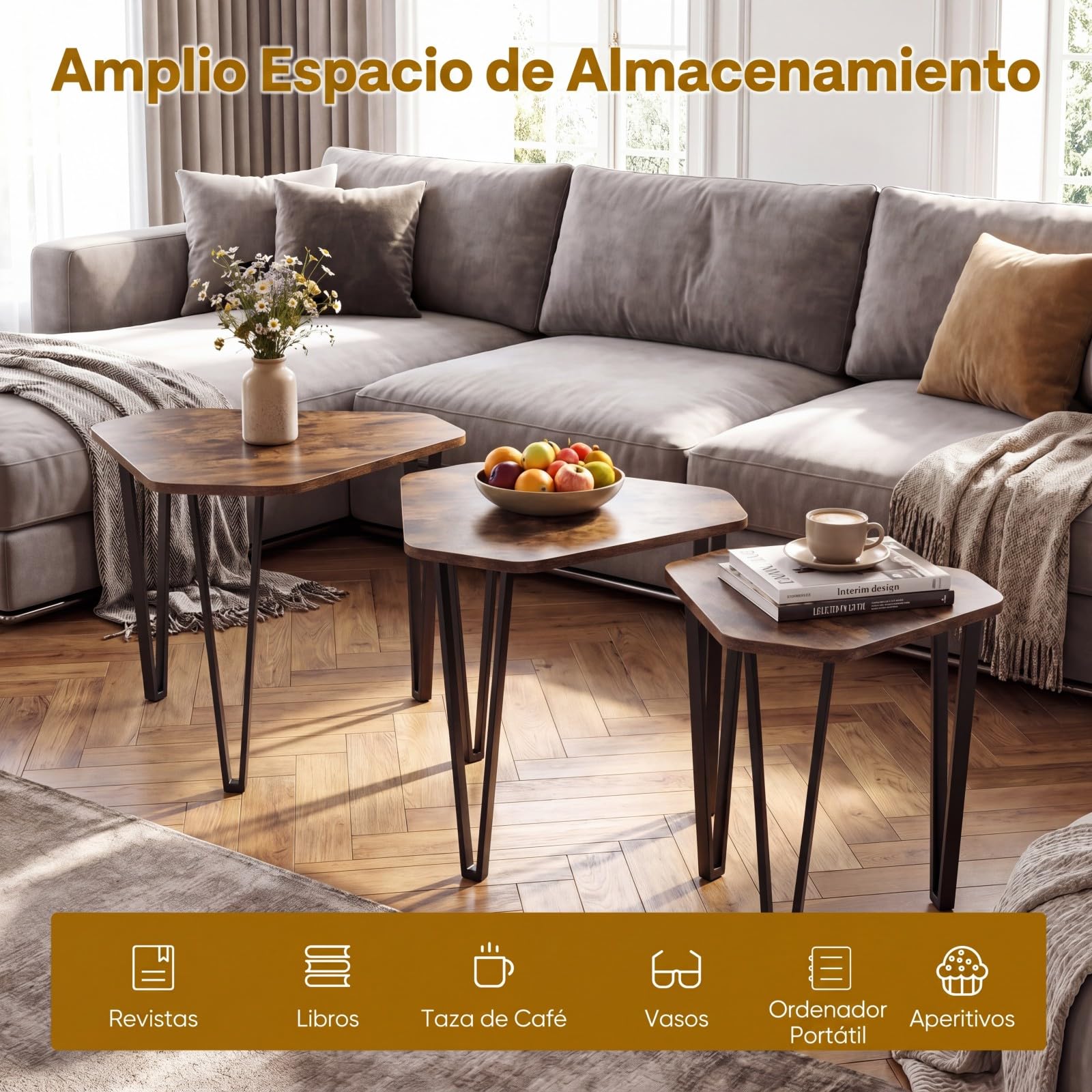 COSTWAY Juego de 3 Mesas de Centro Nido, Mesas Auxiliares Apilables con 3 Tamaños, Estructura de Metal, Muebles Industriales para Salón Dormitorio Oficina