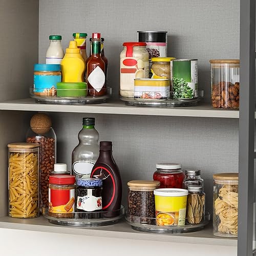 Miniatura 5 de Paquete de 2 soportes giratorios de acrílico transparente de 9 pulgadas, organizador antideslizante para gabinetes, cocina, despensa, almacenamiento