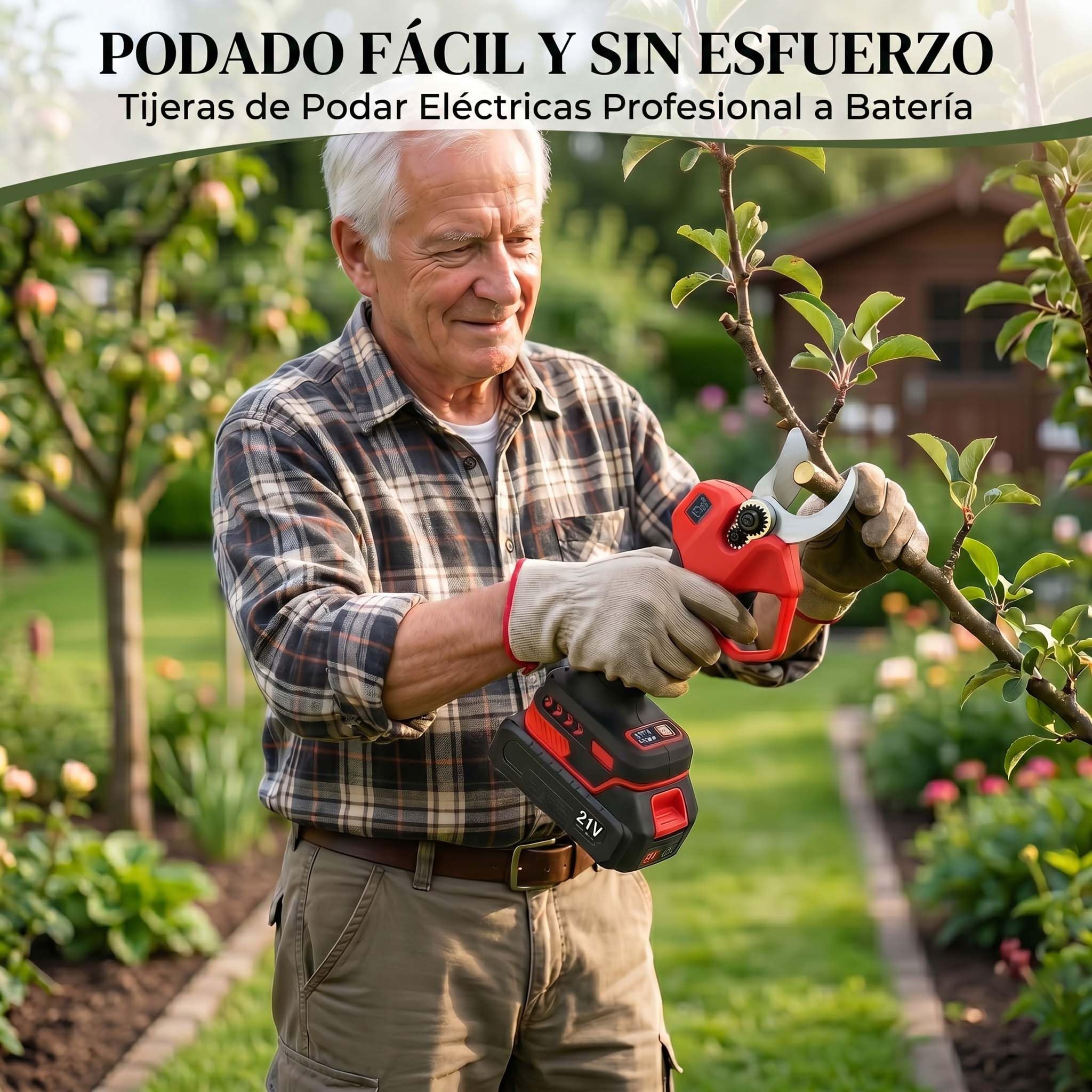 Tijeras de Podar Eléctricas, Tijeras de Podar con Batería 2 x 2,0 Ah, Diámetro de Corte 32 mm, Motor Sin Escobillas, Pantalla LED con Contador de Cortes, para Árboles Frutales, Viñedos y Rosales