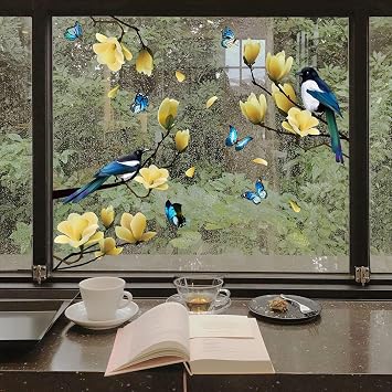 Static Window Clings - Spring Flower Birds Butterfly Stickers, Reusable DIY Floral Tree Branches Decals, Double Sided Anti-Collision Non-Adhesive for Home Office Decor Blue