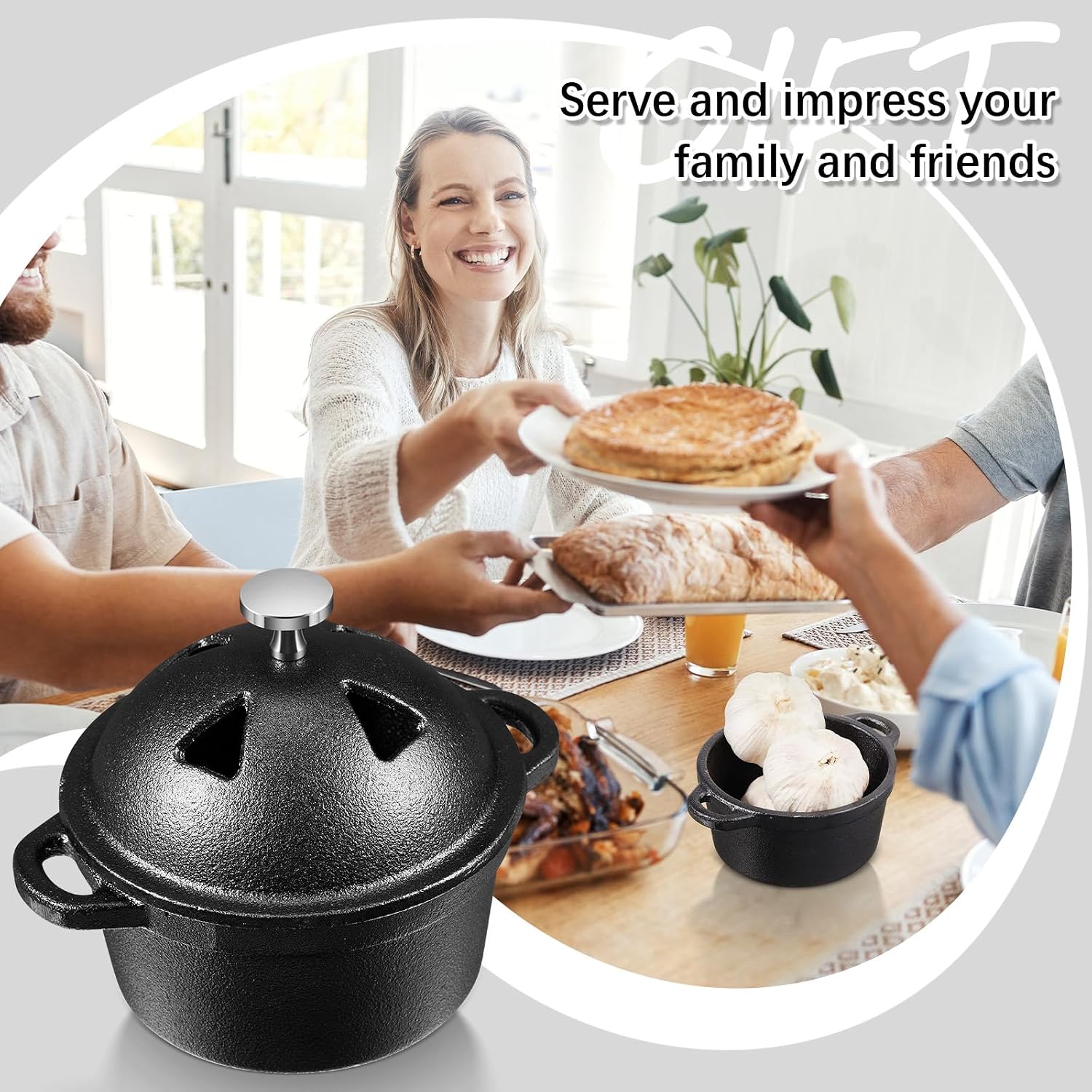 FoldTier 2 Pcs Garlic Roaster Baker Cast Iron Dutch Oven Pre-seasoned Cast Iron Pot 8 oz Mini Cocotte with Lid and Handle Small Black Potato Garlic Baker for Oven BBQ Grill Kitchen Outdoor