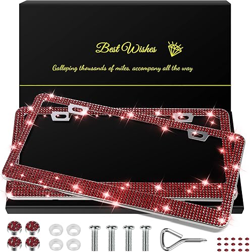 Vista 7 de Paquete de 2 marcos de matrícula brillantes para mujer, accesorios de automóvil con diamantes de imitación brillantes con tapas de cristal con Blanco