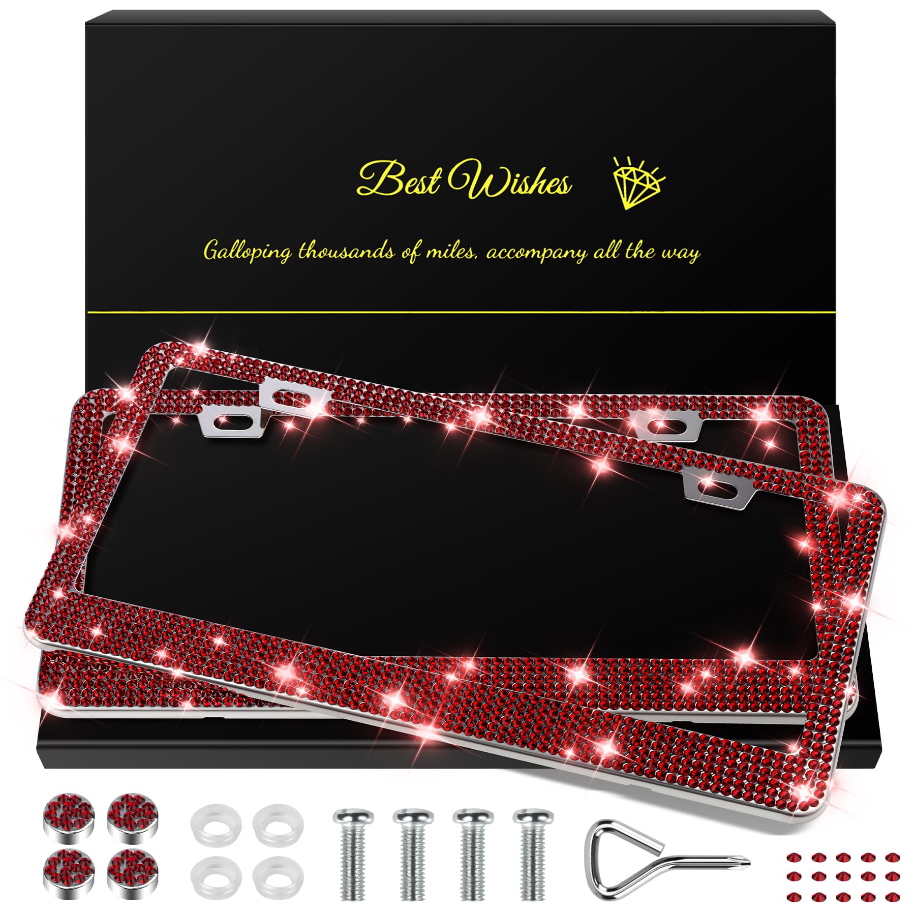 QUANQIUFEI 2 Pack Bling License Plate Frames for Women, Sparkly Rhinestone Diamond Car Accessories with Glitter Crystal Caps (Burgundy)