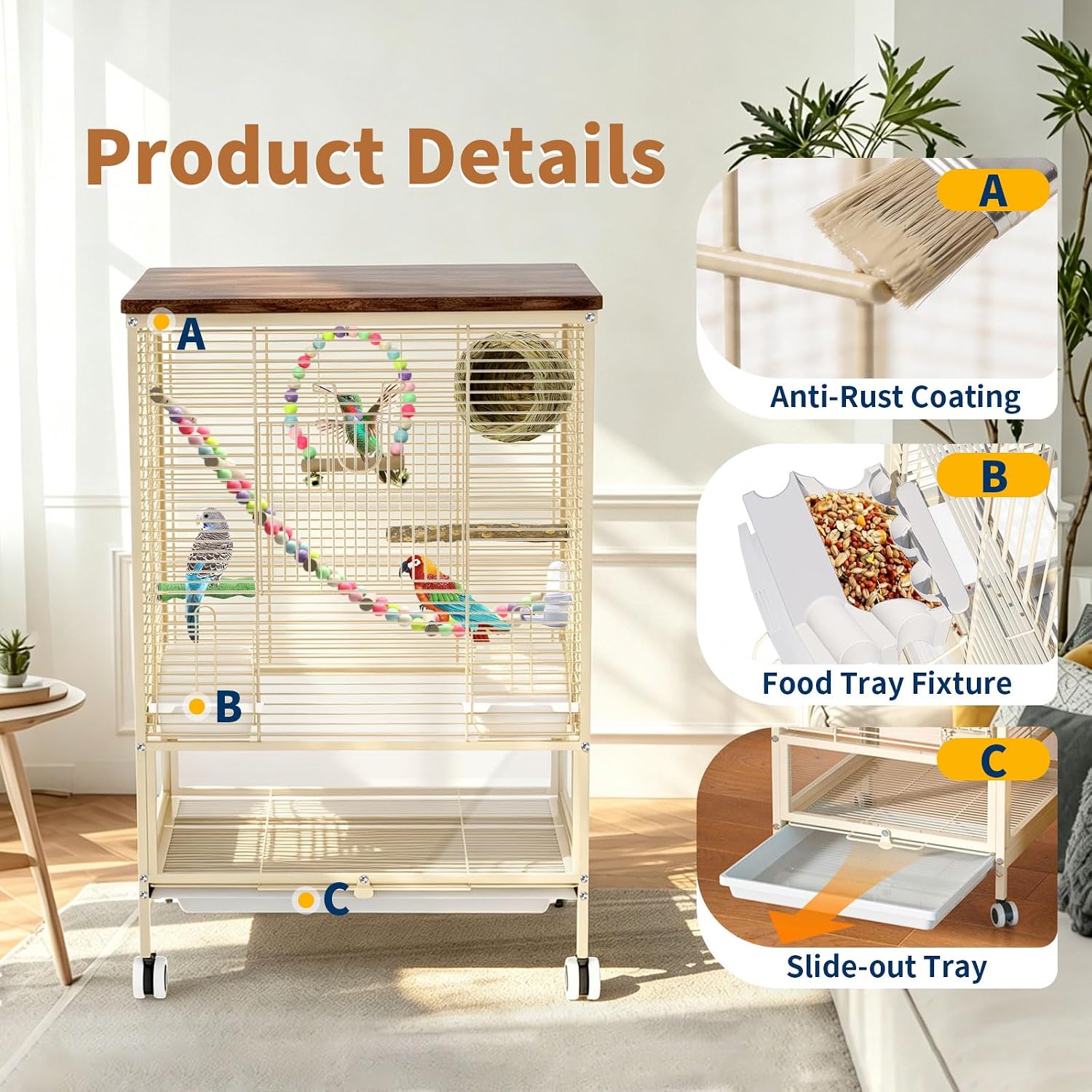 31-Inch Metal Bird Cage with Solid Wood Top Parakeet Cage on Wheels, Slide-Out Tray, Water Bottle & Feeder - Suitable for Parrot, Cockatiel, Lovebird, Finch, Pigeon