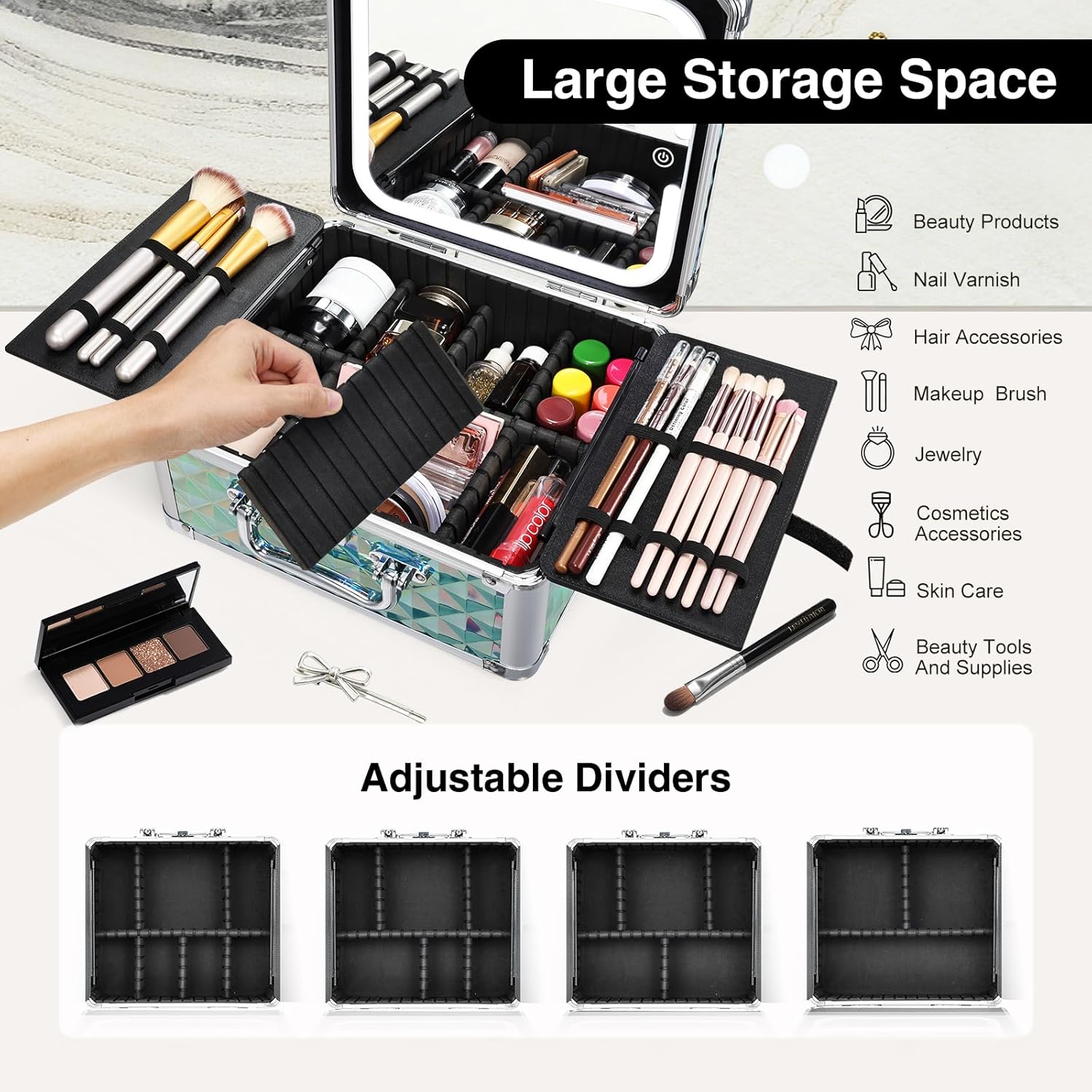 Makeup Case with Magnetic LED Mirror Travel Cosmetic Organizer Portable Makeup Box with Lighted Up Mirror Make Up Vanity Nail Box Lipstick Artist Storage with Lockable Dividers Brush Holder Shiny Blue
