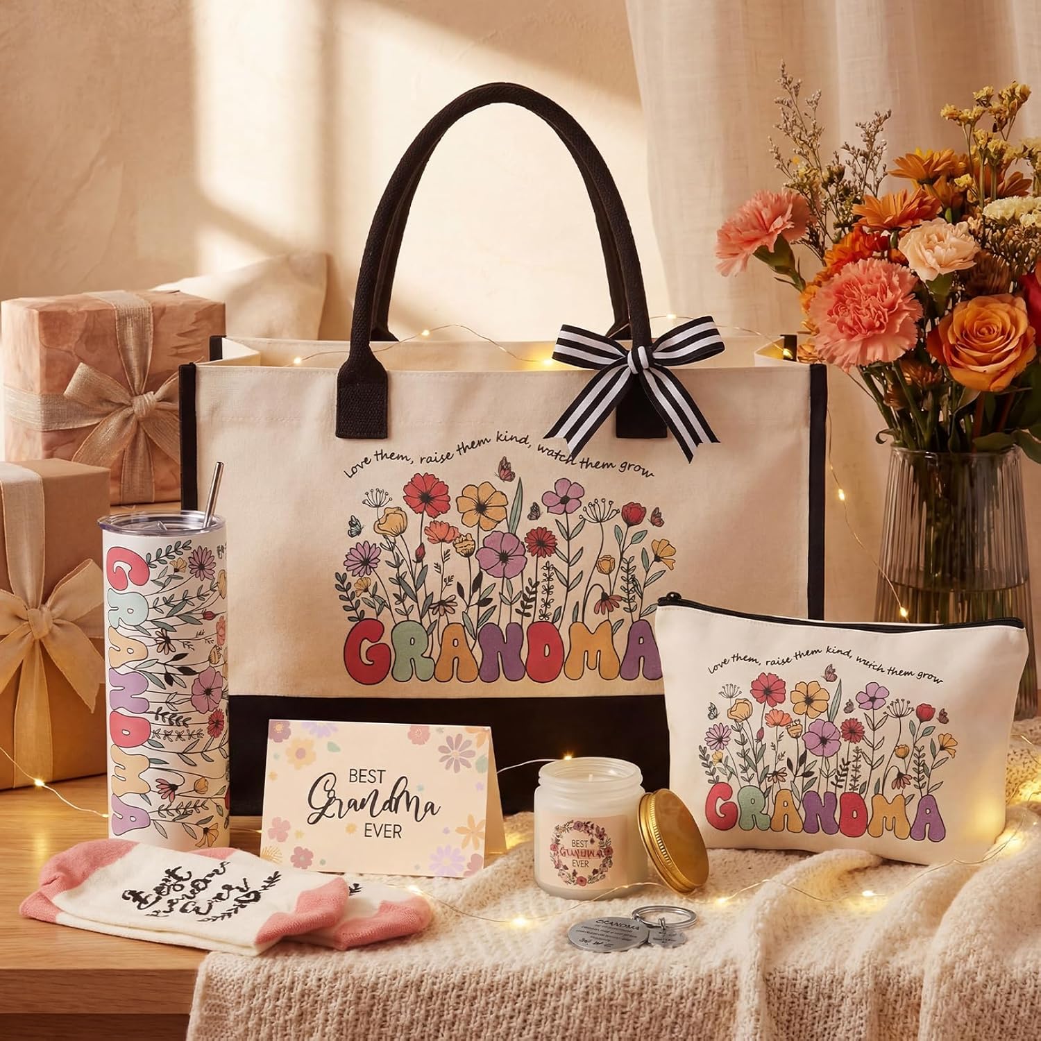 Patelai 7 Pcs Mothers Day Gifts for Grandma, Grandma Gifts from Grandkids Thank You Grandmother Gift Set with 20oz Tumbler Floral Tote Bag Candle Socks Makeup Bag Keychain Card for Birthday