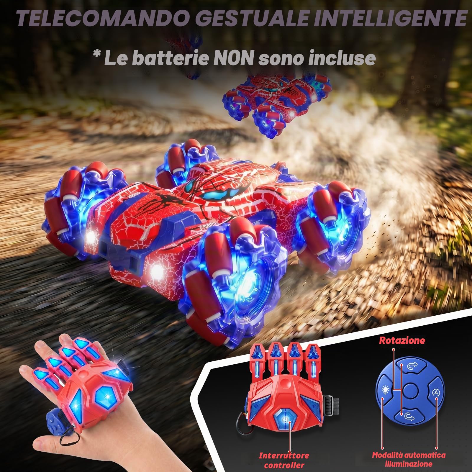 Spider Auto Telecomandata con Riconoscimento dei Gesti a Partire da 4 5 6 7 8 9 10 11 12 Anni, Auto RC a Doppia Faccia con Illuminazione del Corpo, Auto RC Stunt Ricaricabile Controllata (Rosso)