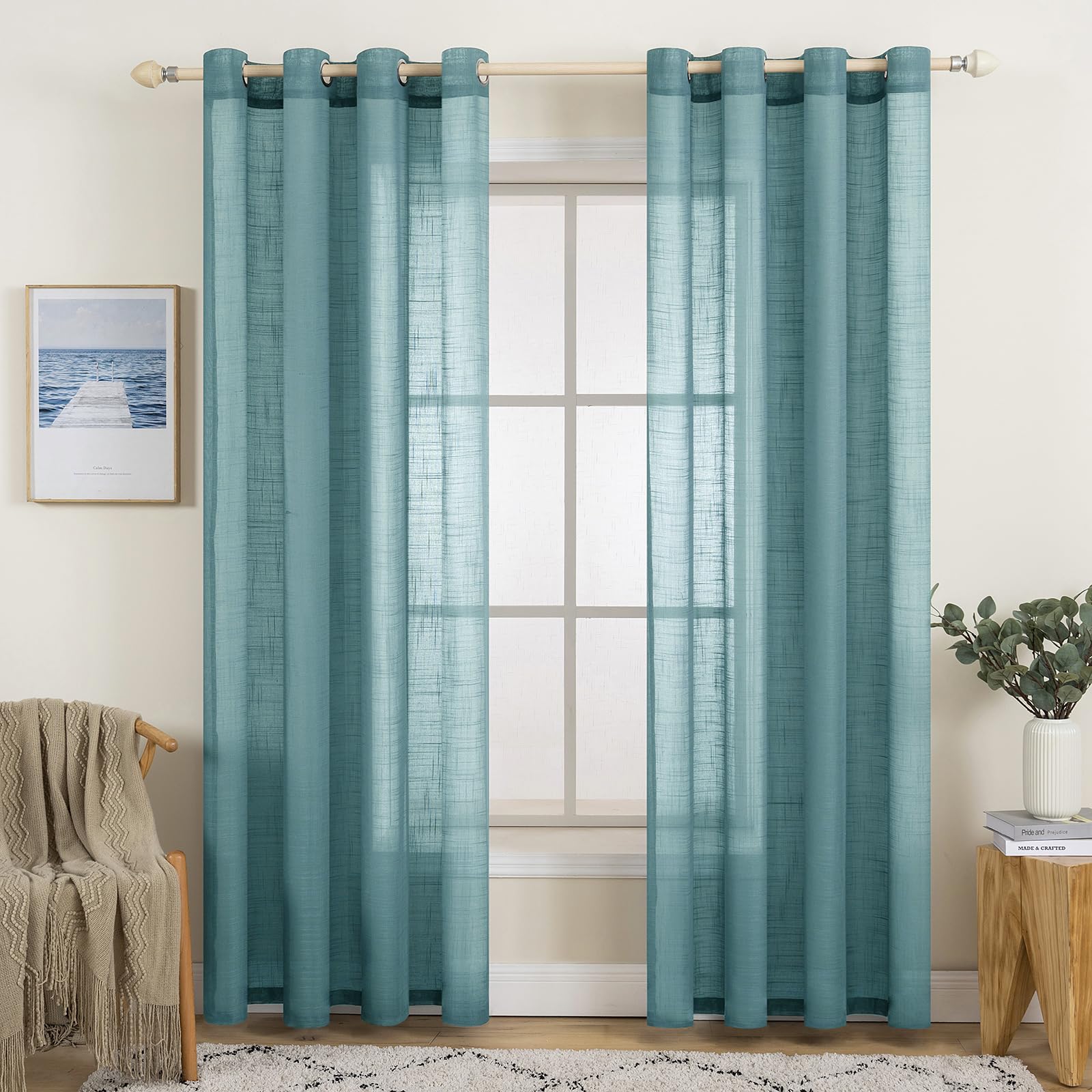 MIULEE 2er Set Voile Vorhang Sheer Leinenvorhang mit Ösen Transparente Leinen Optik Gardine Ösenschal Wohnzimmer Fensterschal Lichtdurchlässig Dekoschal Schlafzimmer 140x225cm (B x H) Staubiges Blau