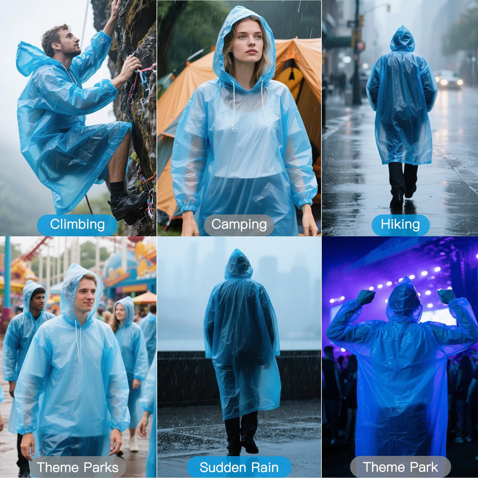 4/6PCS Regenponcho Einweg, Wasserdicht Regenmantel für Damen und Herren, Durchsichtige Regencape mit Kapuze und Ärmeln für Festivals, Angeln, Themenparks, Camping (Blau)