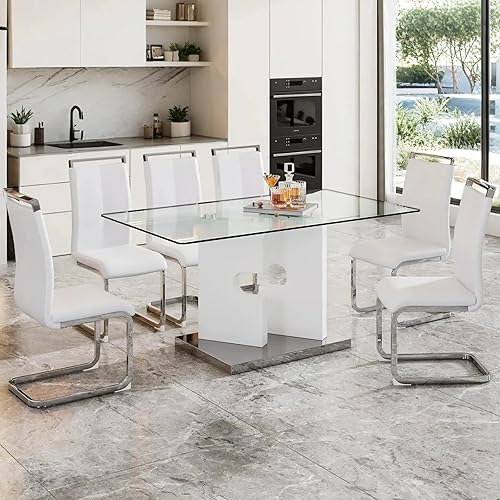 Miniatura 10 de Ebullient Juego de mesa de comedor de cristal de 63 pulgadas para 4, mesa de comedor de vidrio negro y base de MDF, mesa de cocina rectangular Mesa