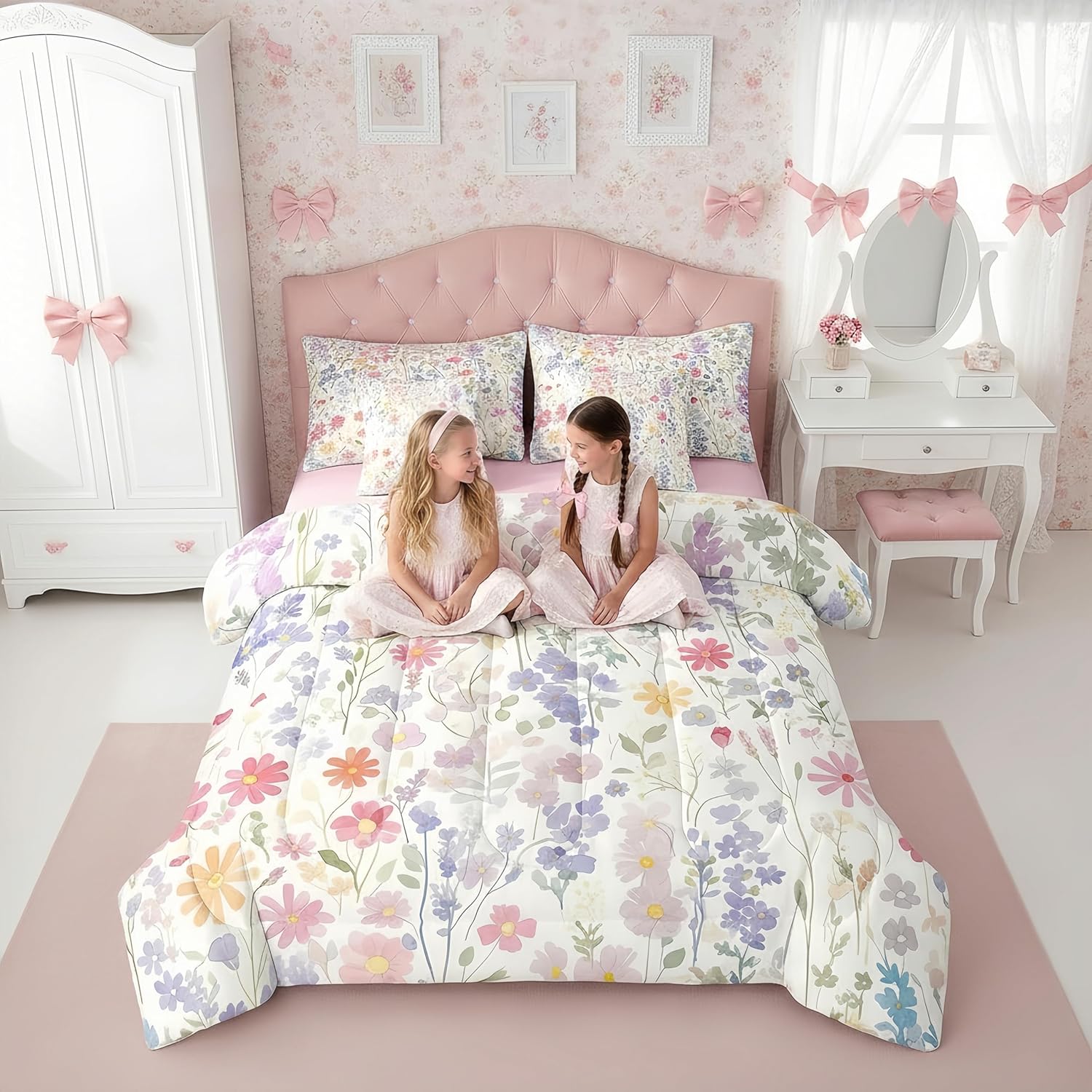 Erosebridal 7 Piece Colorful Floral Full Comforter Set with Sheets,Purple Pink Cute Boho Flower Bedding Set for Kids Girls Women,Funky Watercolor Wildflower Bed in a Bag with Pillowcases & Shams