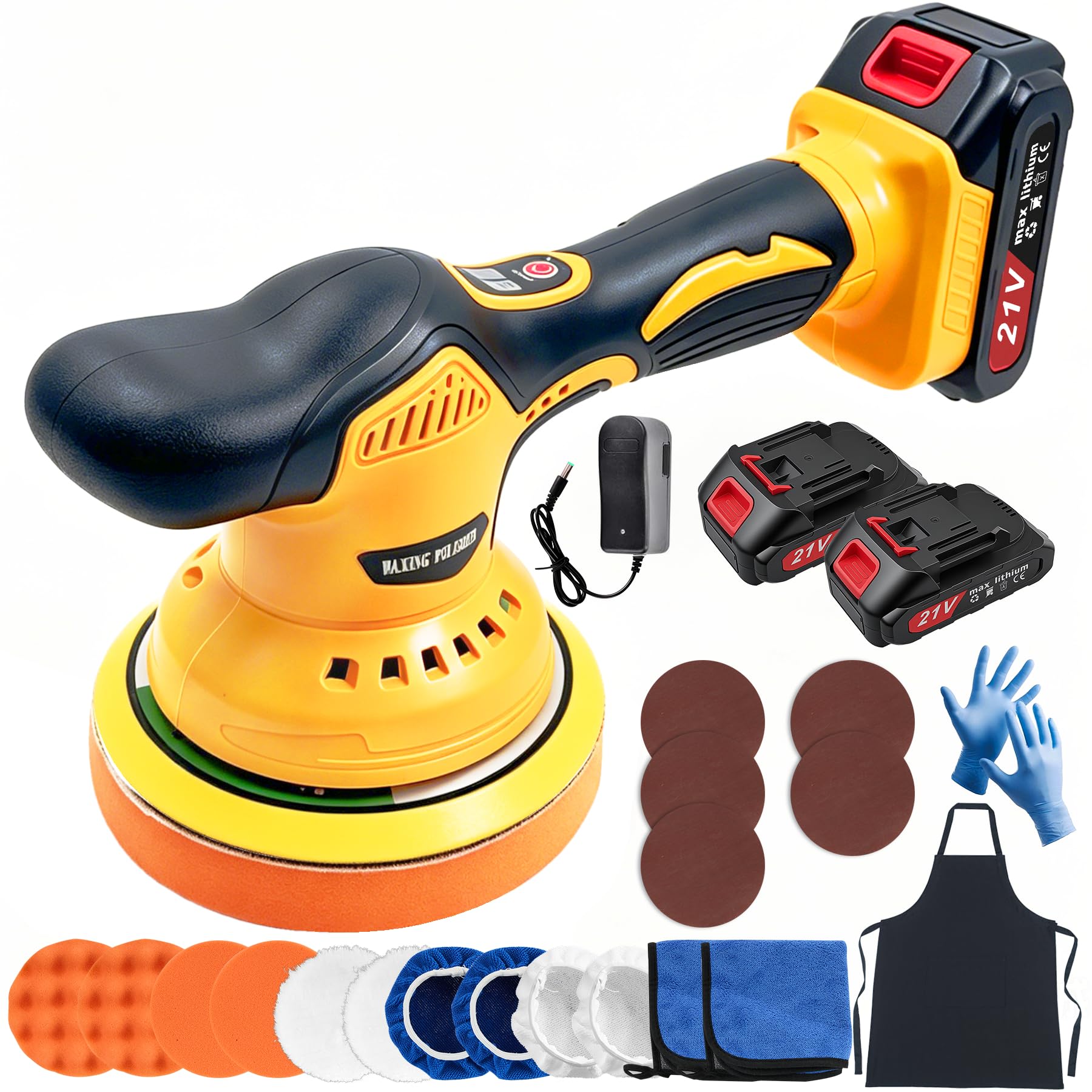Pulidora Coche Inalámbrica 21V 8 Velocidades 2800-6000RPM, Amarillo