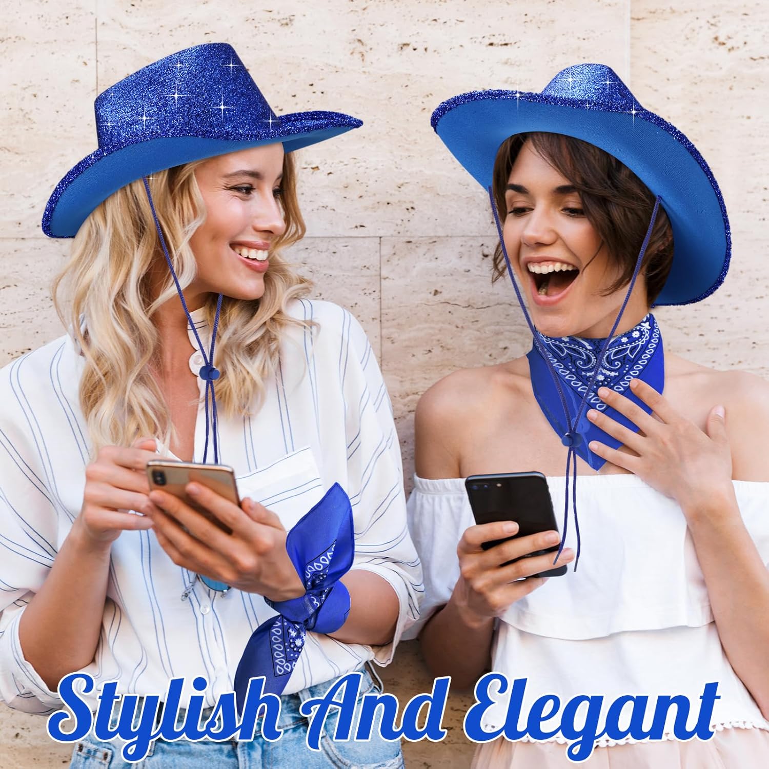 Coume 12 Pcs Sparkly Adults Cowboy Hat and Bandanas Women Men Western Glitter Cowgirl Party Hats with Adjustable Drawstring - Image 6