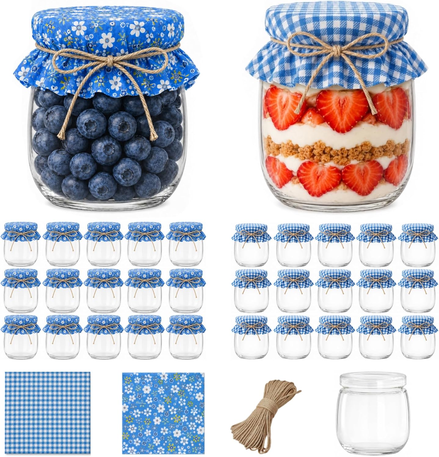 30 Mini Glass Jam Jars 200 ml (6.8 oz) with Lids BPA Free Small Yogurt Bottles for Jam Honey Dessert Wedding Party Favors Table Centerpiece Candy Buffet Decor with Fabric Covers and Twine（Blue）