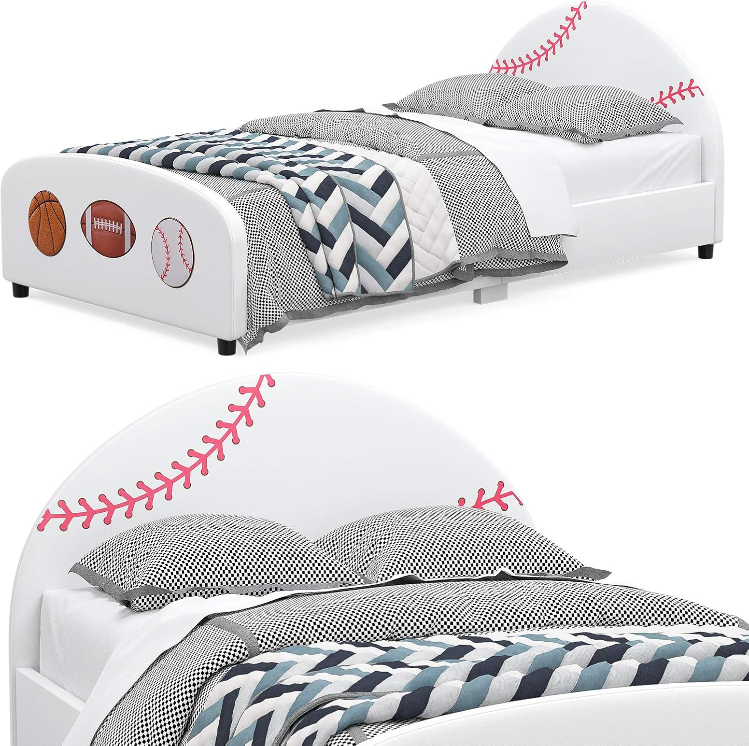 mecor Children Toddler Bed - Twin Size Upholstered Platform Bed Frame - Curved Headboard Footboard / Sport Style Kids Bed for Boys & Girls, Teens（Baseball Design）