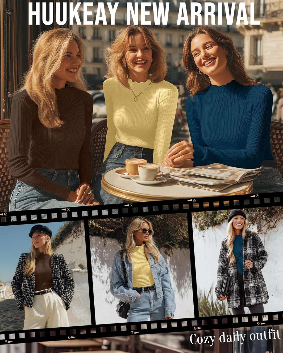 Huukeay 3 Pack Women's Ribbed Mock Turtleneck Shirts Cotton Long Sleeve Tops Lettuce Trim Slim Fit Soft Tees for Layering - Image 4