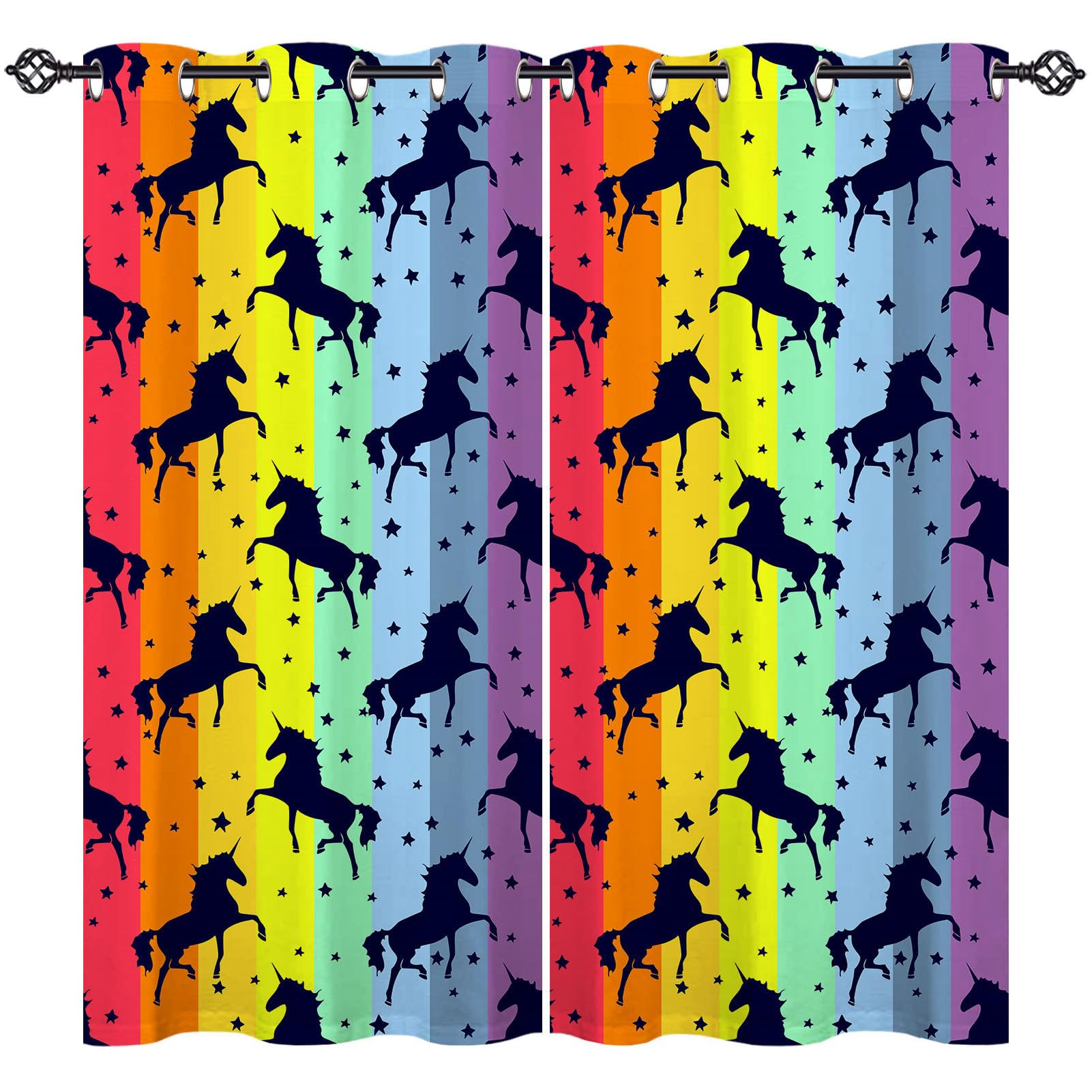ANHOPE Unicorn Curtains Eyelet Soft Thermal Insulated Blackout Curtains Colorful Rainbow Stars Background Print Pattern Ring Top Drapes for Kids Girls Bedroom Living Room 42 x 63 Inch Drop 2 Panels โ image 1