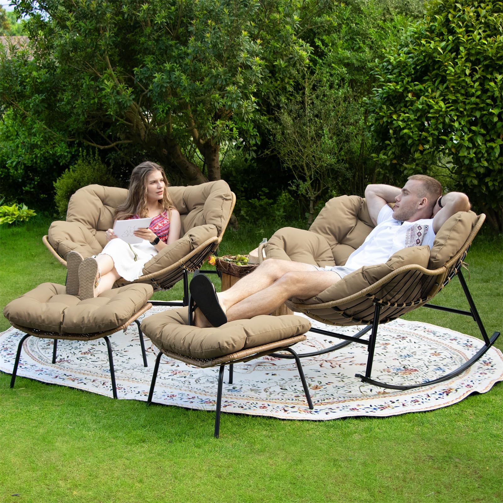 FINCATI Patio Royal Papasan Rocking Chair with Ottoman Set of 2, Outdoor  Indoor Oversized Egg Rocking Chairs with Footrests and Cushion, Double Comfy