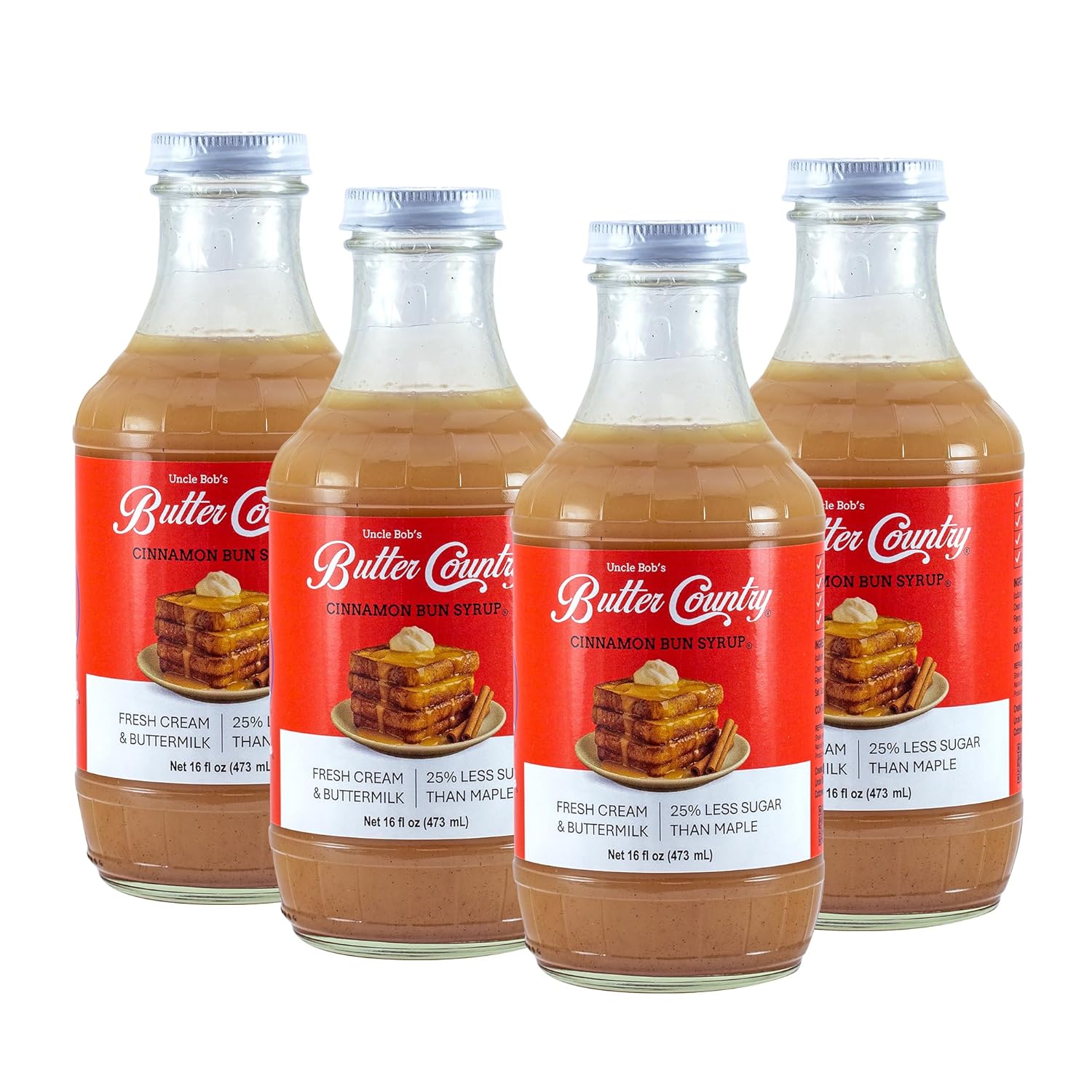 Uncle Bob's Butter Country Rich & Creamy Cinnamon Bun Flavored Buttermilk Syrup for Pancakes, Waffles, French Toast, & More, No Corn Syrup, Gluten Free, 16 fl oz Bottle/4 Pack