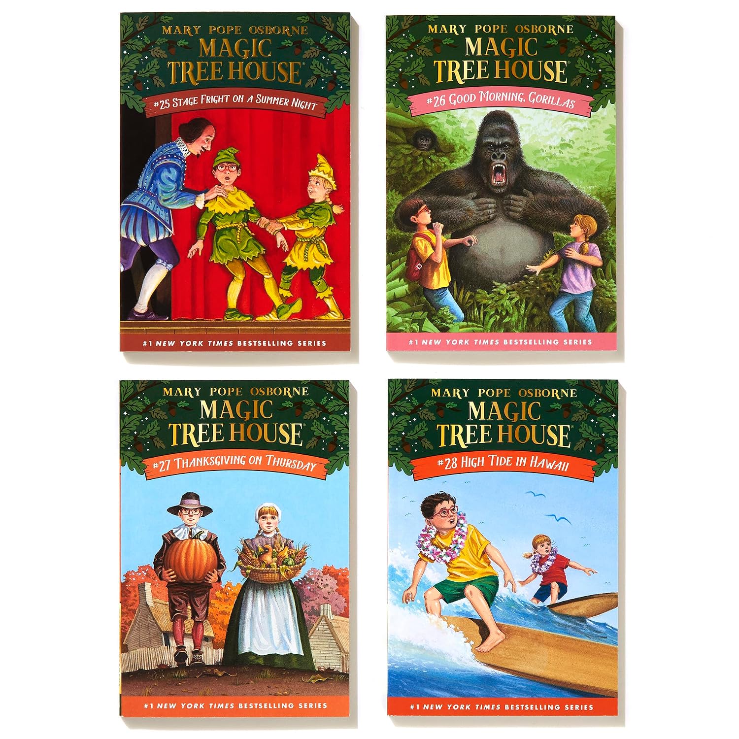 Magic Tree House Books 25-28 Boxed Set: Stage Fright on a Summer Night; Good Morning, Gorillas; Thanksgiving on Thursday; High Tide in Hawaii