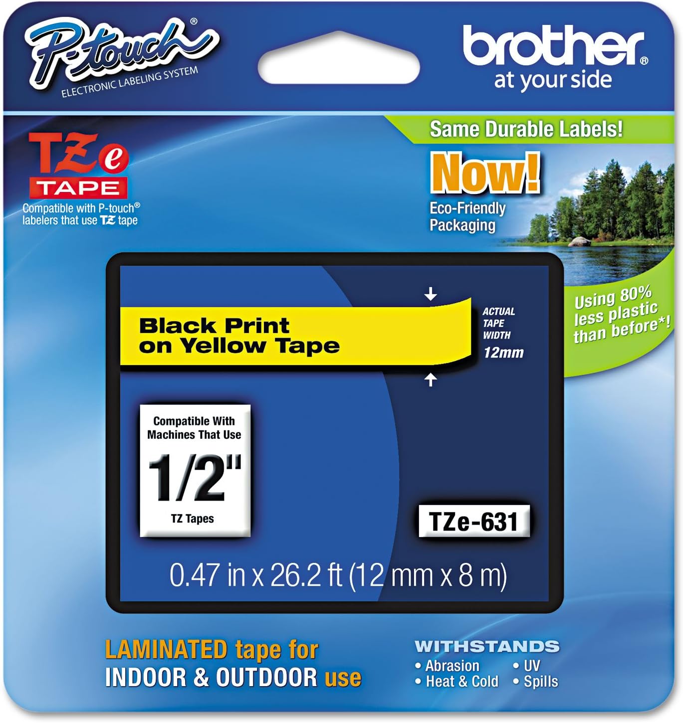 Brother Genuine P-Touch TZE-631 Tape, 1/2" (0.47") Standard Laminated P-Touch Tape, Black on Yellow, Laminated for Indoor or Outdoor Use, Water Resistant, 26.2 Feet (8M), Single-Pack