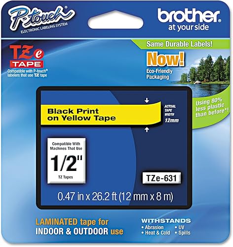 Brother Cinta P-Touch TZE-631 genuina, cinta P-Touch laminada estándar de 12 pulgada (0.47 pulgadas), negro sobre amarillo, laminado para uso en