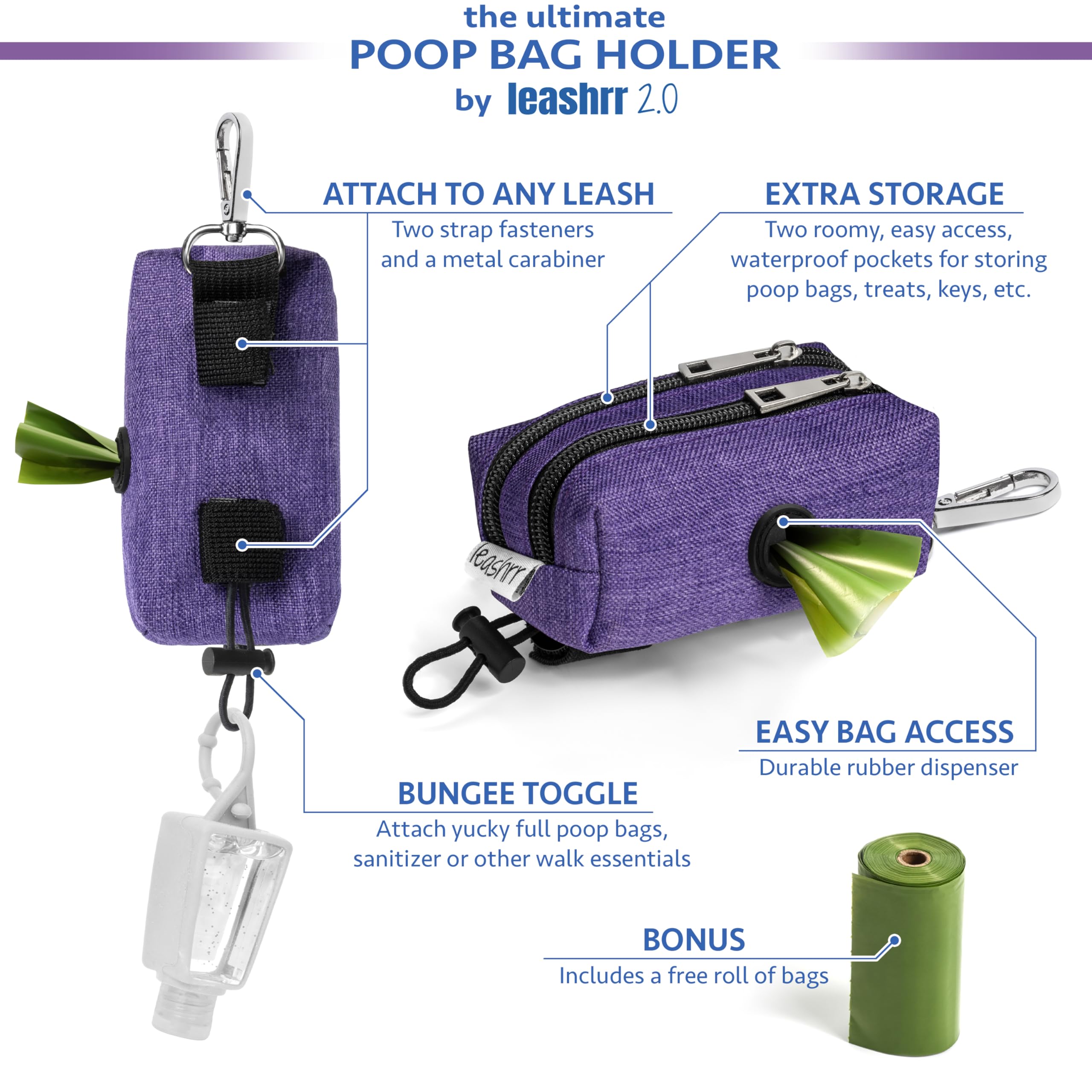 Dispensador de bolsas para excrementos de perro y soporte para todas las correas. 2 bolsas impermeables para bolsas de basura de mascotas y accesorios para pasear perros + 1 rollo gratis. Leashrr 2.0