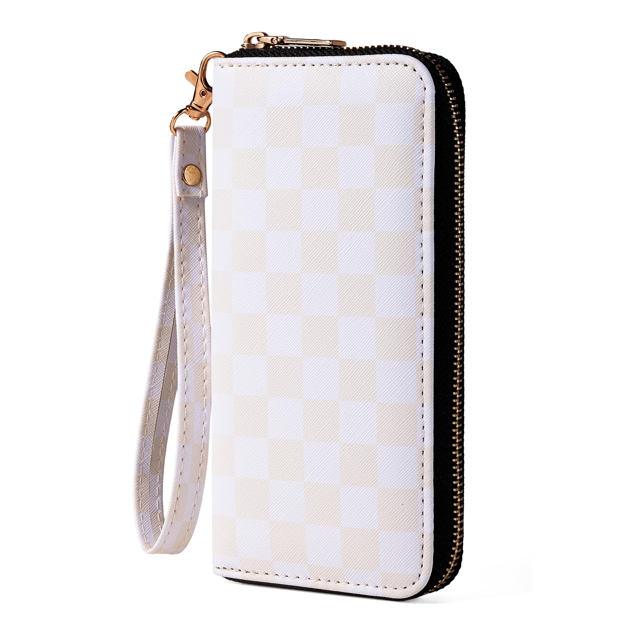 Checkered Highland Cow Print Book Wallet For Women Skull Goth Frog Butterfly Ladies Cluth Wristlet Wrist Strap Long Purse Zip Around Card Holder
