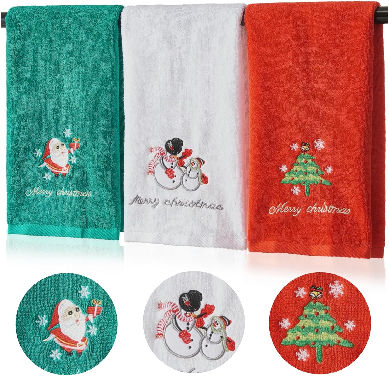FOFOWHAT Christmas Hand Towels for Bathroom 3 Pack, 29.13" x13.38" Large Soft Cotton Embroidered Christmas Bath Towel Set Decorative, Absorbent Xmas Towels for Bathroom, Home, Kitchen