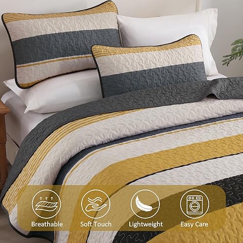 Vista 12 de Juego de edredón gris tamaño King, colcha de cultivo bohemio de otoño a rayas, juego de ropa de cama de microfibra bohemia de 3 piezas, colcha Gris