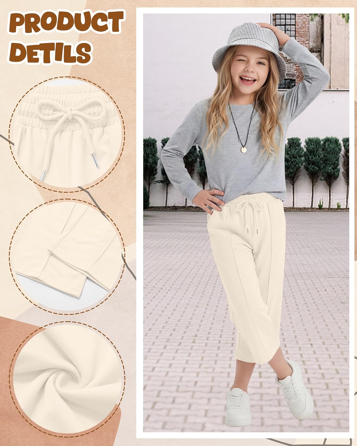 3 Pack Wide Leg Capri Pants Elastic Waist Drawstring Capris with Side Pockets Casual Trousers 5-14 Years