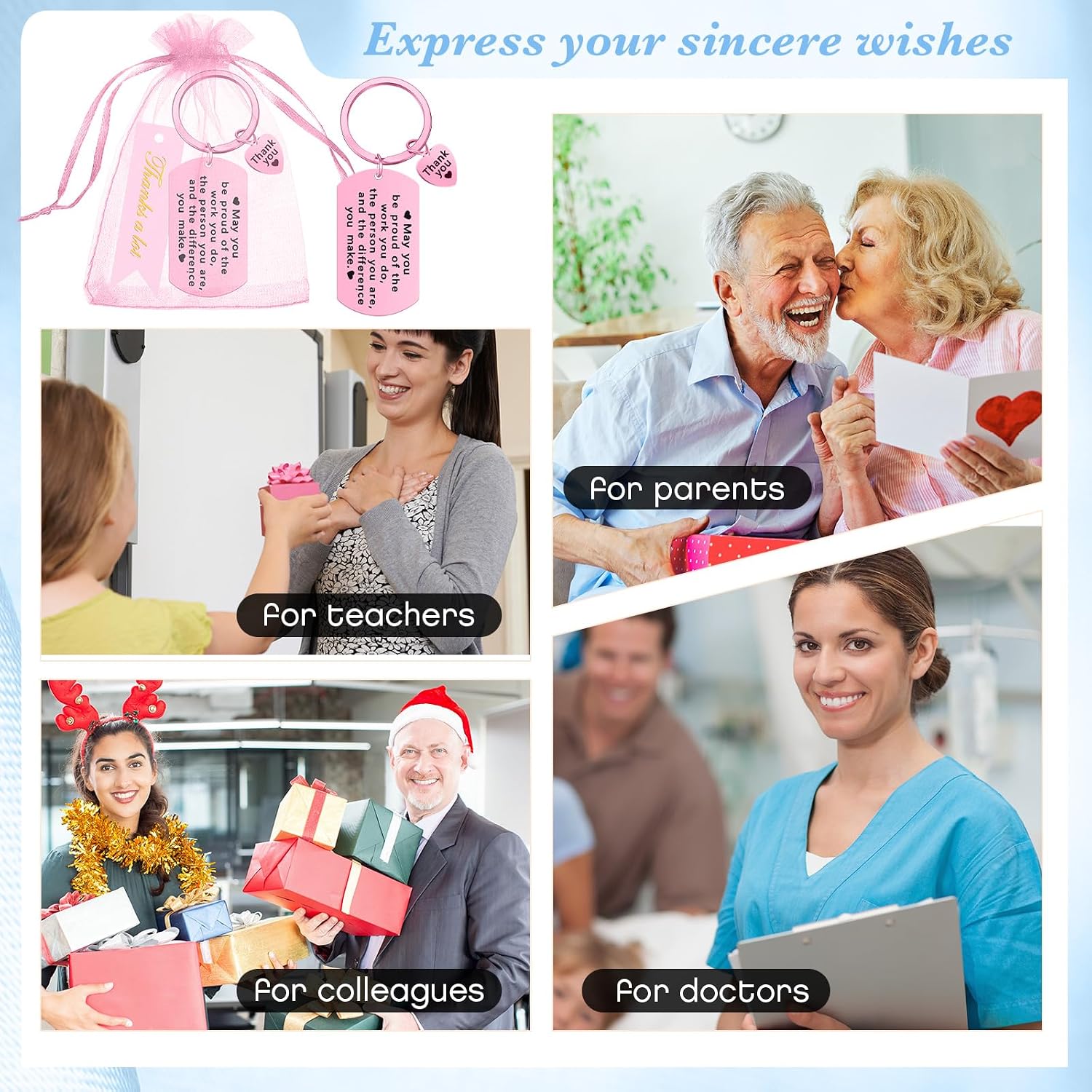 Yinkin 72 Pcs Employee Appreciation Gifts Bulk Thank You Coworker Keychain Gifts with Organza Bags and Thank You Cards(Pink)