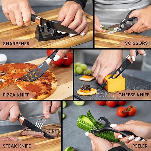 Miniatura 5 de nuovva Juego de cuchillos de cocina profesionales con bloque, juego de cuchillos de cobre de 17 piezas con cuchillos para carne, bloque de acrílico