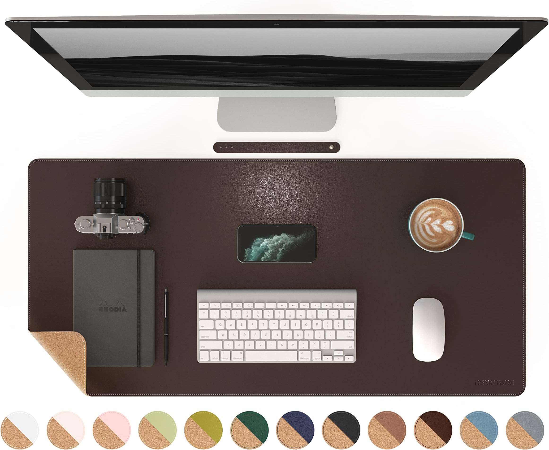 RENMTURE Dual-Sided Mouse Pad, Natural Cork & PU Leather Large Desk Pad for Office and Home Work, Desk Protector Non-Slip, Waterproof, Easy Clean (Dark Coffee, 36"x17")