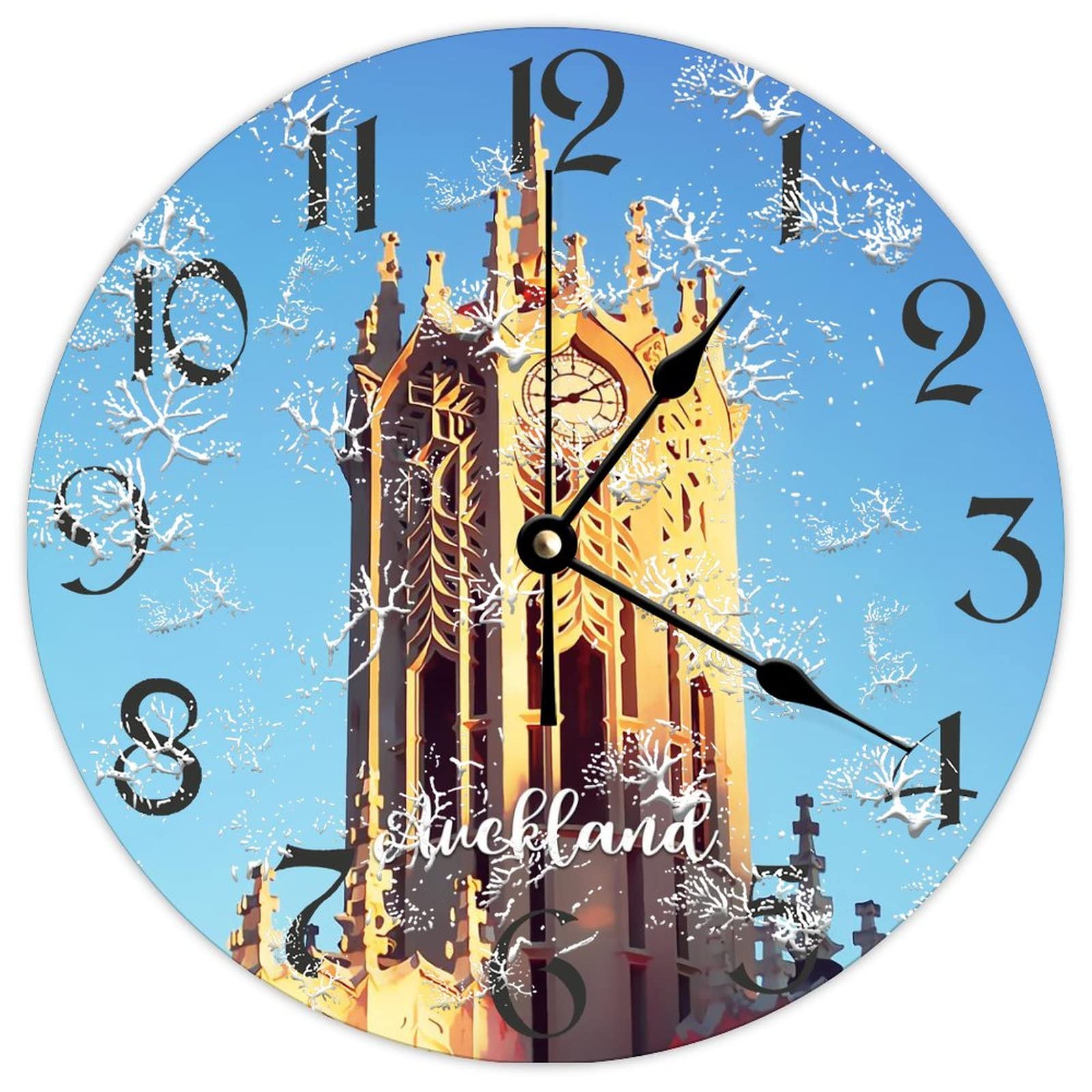 Horloge murale ronde en bois Auckland sans tic-tac pour le salon