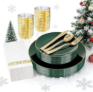 YOUBET 175PCS Green Plastic Plates - Green and Gold Disposable Plates Include 50 Plate, 75 Silverware, 25 Cups, 25 Napkins for Wedding & Party & Christmas