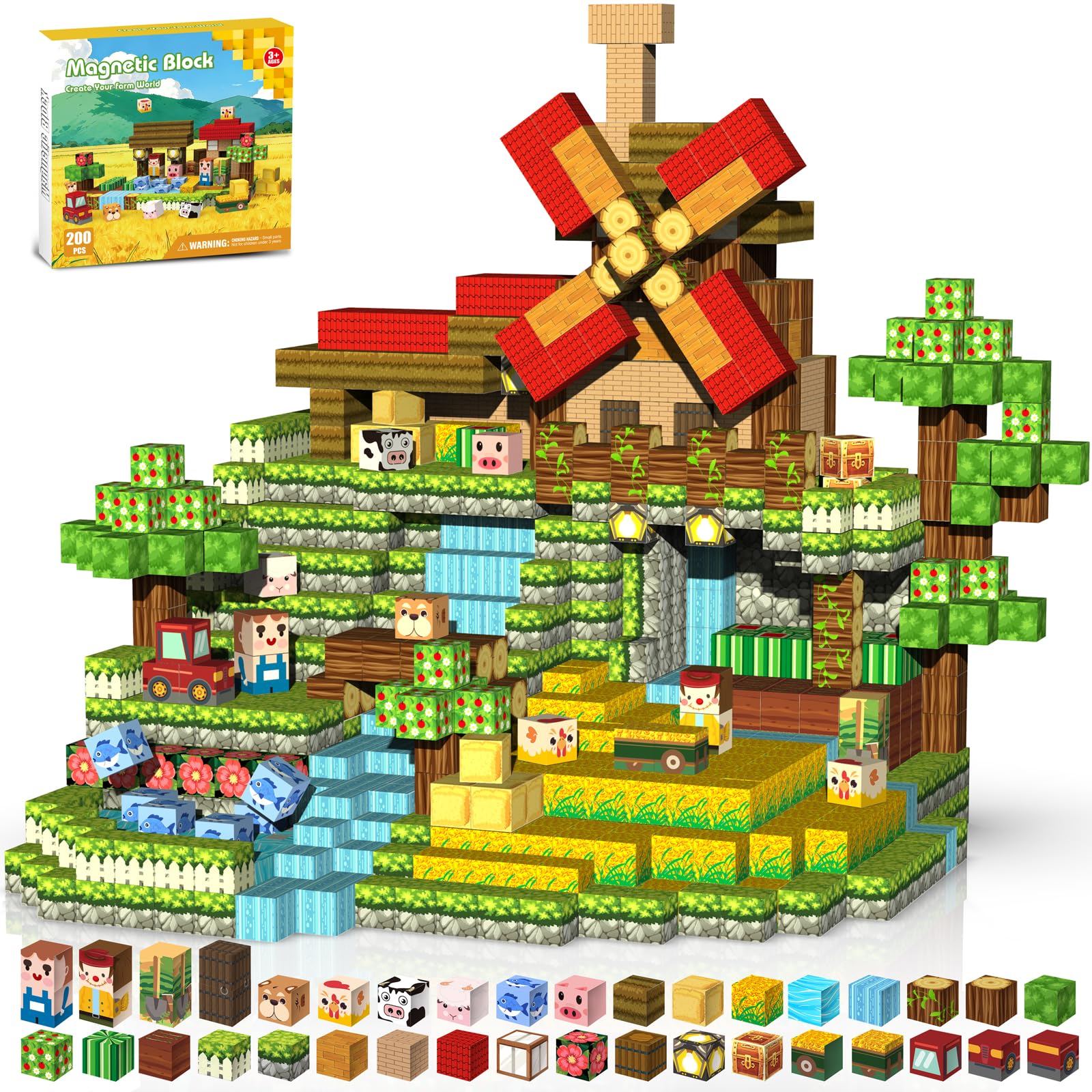 Gryxpox Magnetic Blocks,200pcs Magnetic Building Blocks, Magnet Tiles with Ice Castle World Blocks Set Toy,Build Mine Magnet World Toy (Farming)