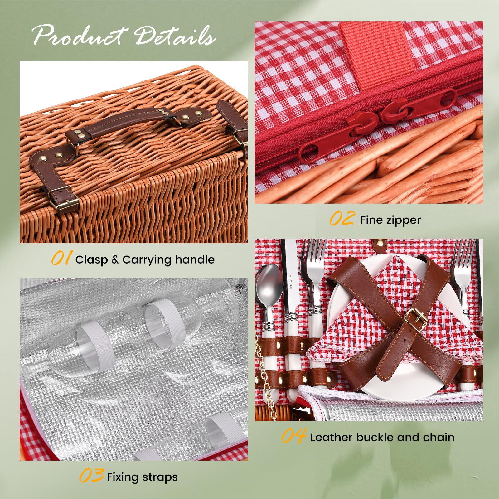 Cestino Picnic, Cesto Picnic Vimini con Scomparto Termico,Cestino Vimini con Coperta Impermeabile e Set di Posate, Set Pic Nic 4 Persone per Campeggio, Cestino Pic Nic (Rosa)